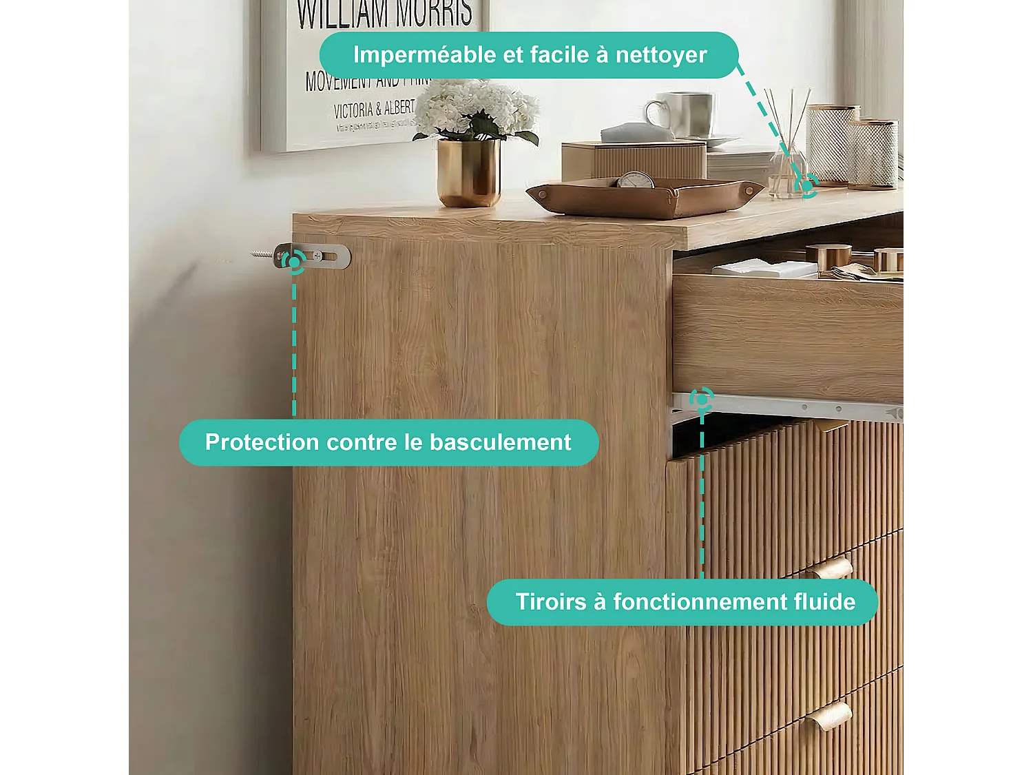 Commode à 5 tiroirs avec poignées dorées - buffet en bois - 73 x 40 x 108 cm