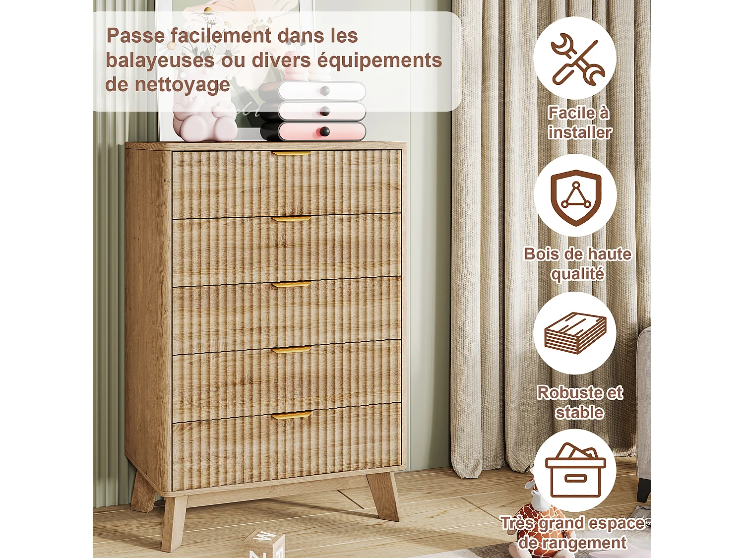 Commode à 5 tiroirs avec poignées dorées - buffet en bois - 73 x 40 x 108 cm