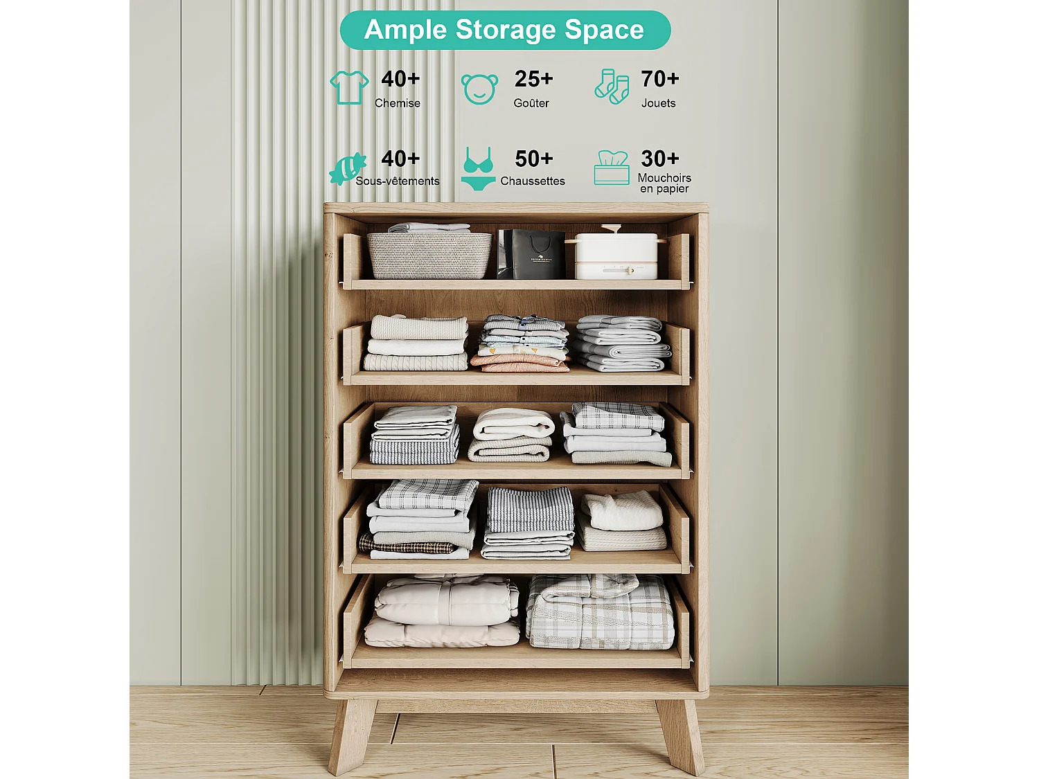 Commode à 5 tiroirs avec poignées dorées - buffet en bois - 73 x 40 x 108 cm