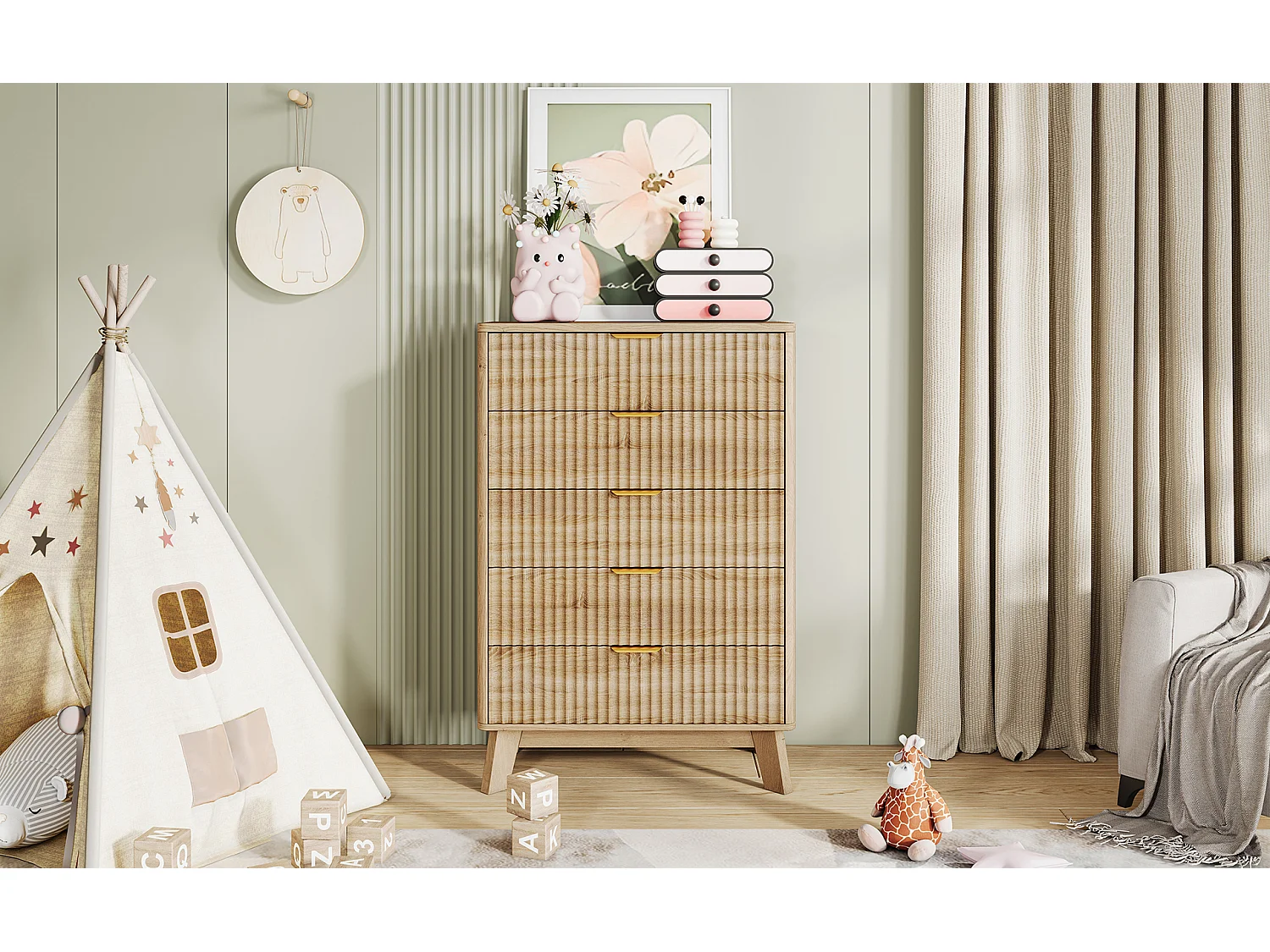 Commode à 5 tiroirs avec poignées dorées - buffet en bois - 73 x 40 x 108 cm