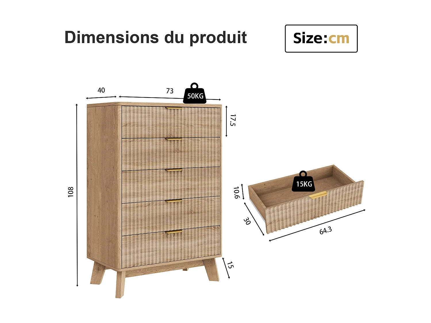 Commode à 5 tiroirs avec poignées dorées - buffet en bois - 73 x 40 x 108 cm