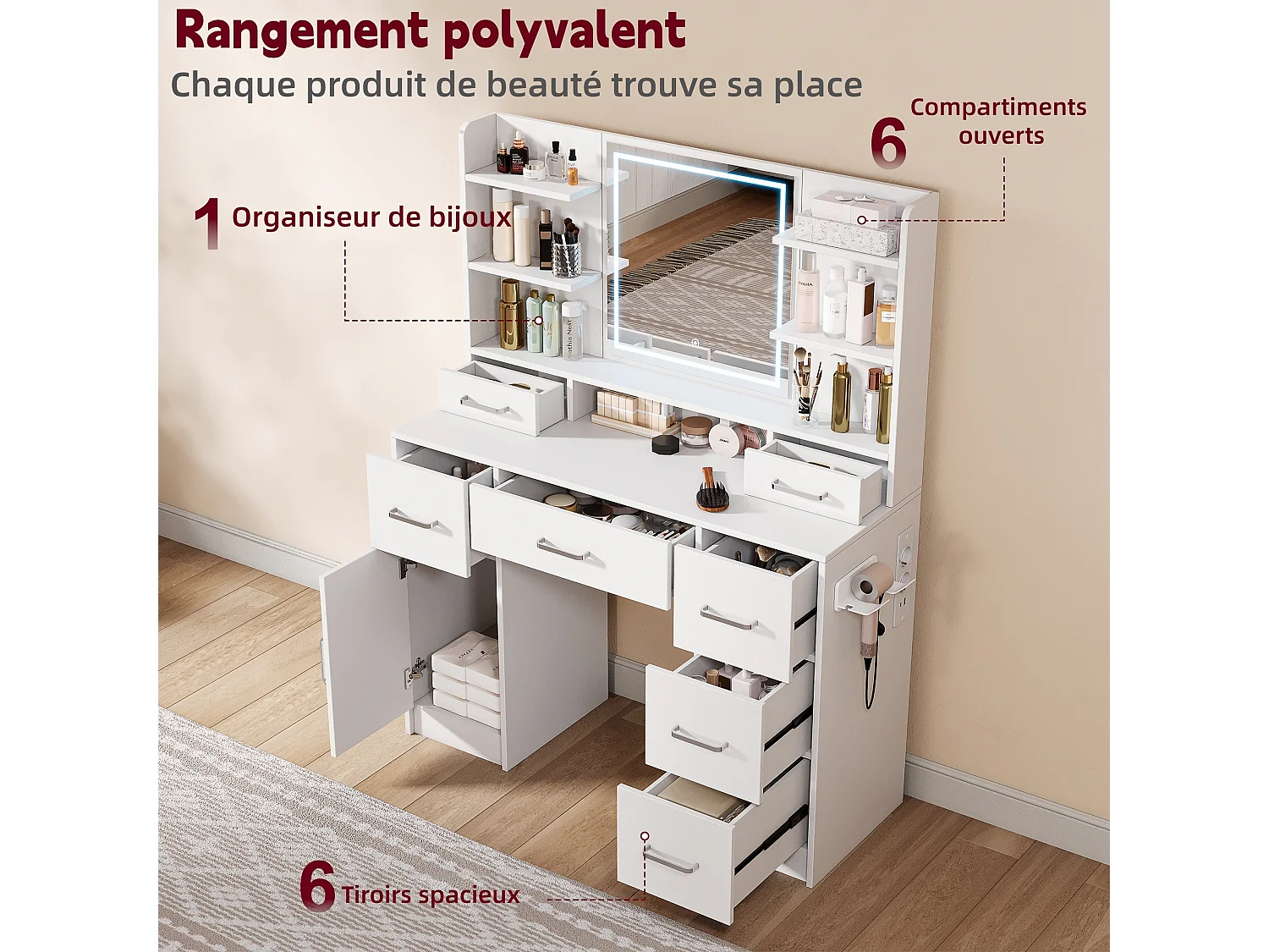 Grande Coiffeuse avec Miroir,Éclairage LED Réglable 3 Couleurs et Prises Blanche Moderne 7 Tiroirs ,1 porte,4 Étagères Rangement Ouvertes