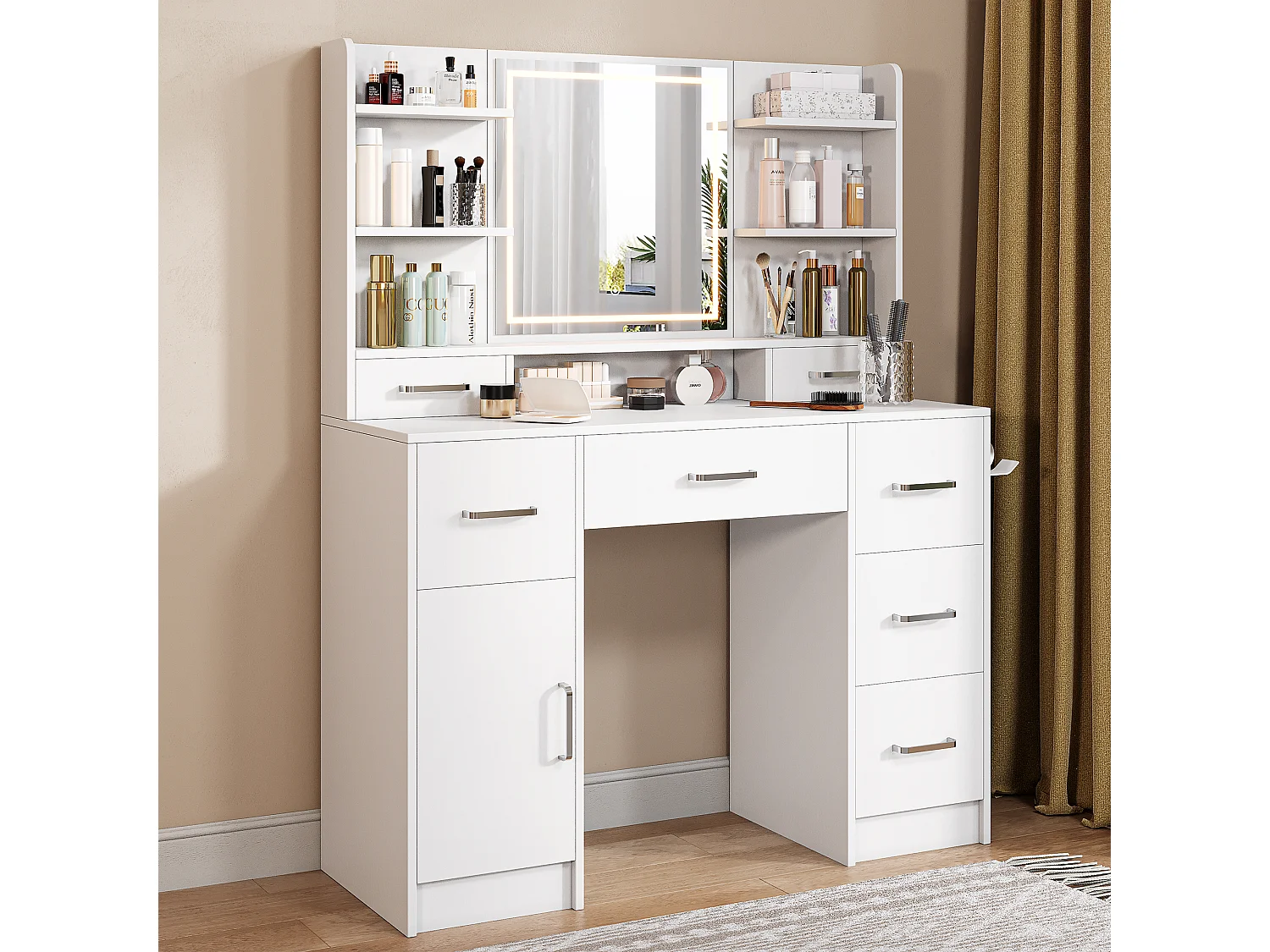 Grande Coiffeuse avec Miroir,Éclairage LED Réglable 3 Couleurs et Prises Blanche Moderne 7 Tiroirs ,1 porte,4 Étagères Rangement Ouvertes