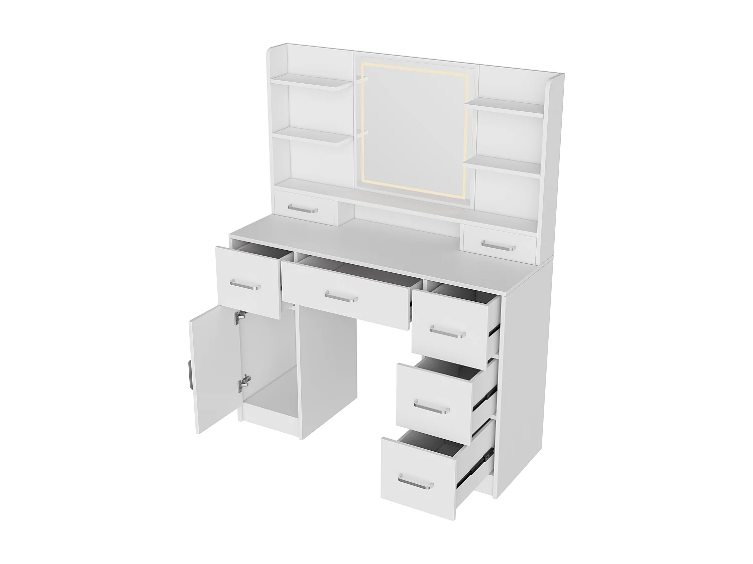 Grande Coiffeuse avec Miroir,Éclairage LED Réglable 3 Couleurs et Prises Blanche Moderne 7 Tiroirs ,1 porte,4 Étagères Rangement Ouvertes