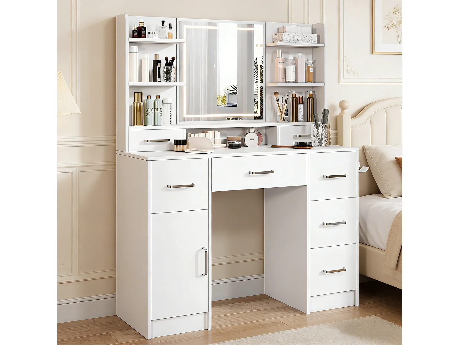 Grande Coiffeuse avec Miroir,Éclairage LED Réglable 3 Couleurs et Prises Blanche Moderne 7 Tiroirs ,1 porte,4 Étagères Rangement Ouvertes