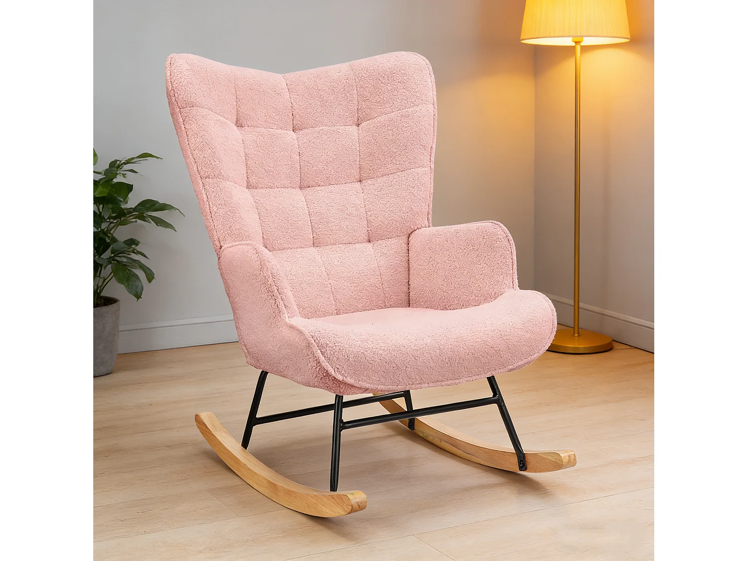 Mecedora con reposabrazos, patas de madera maciza, para salón o dormitorio, tapizada en piel de cordero, rosa