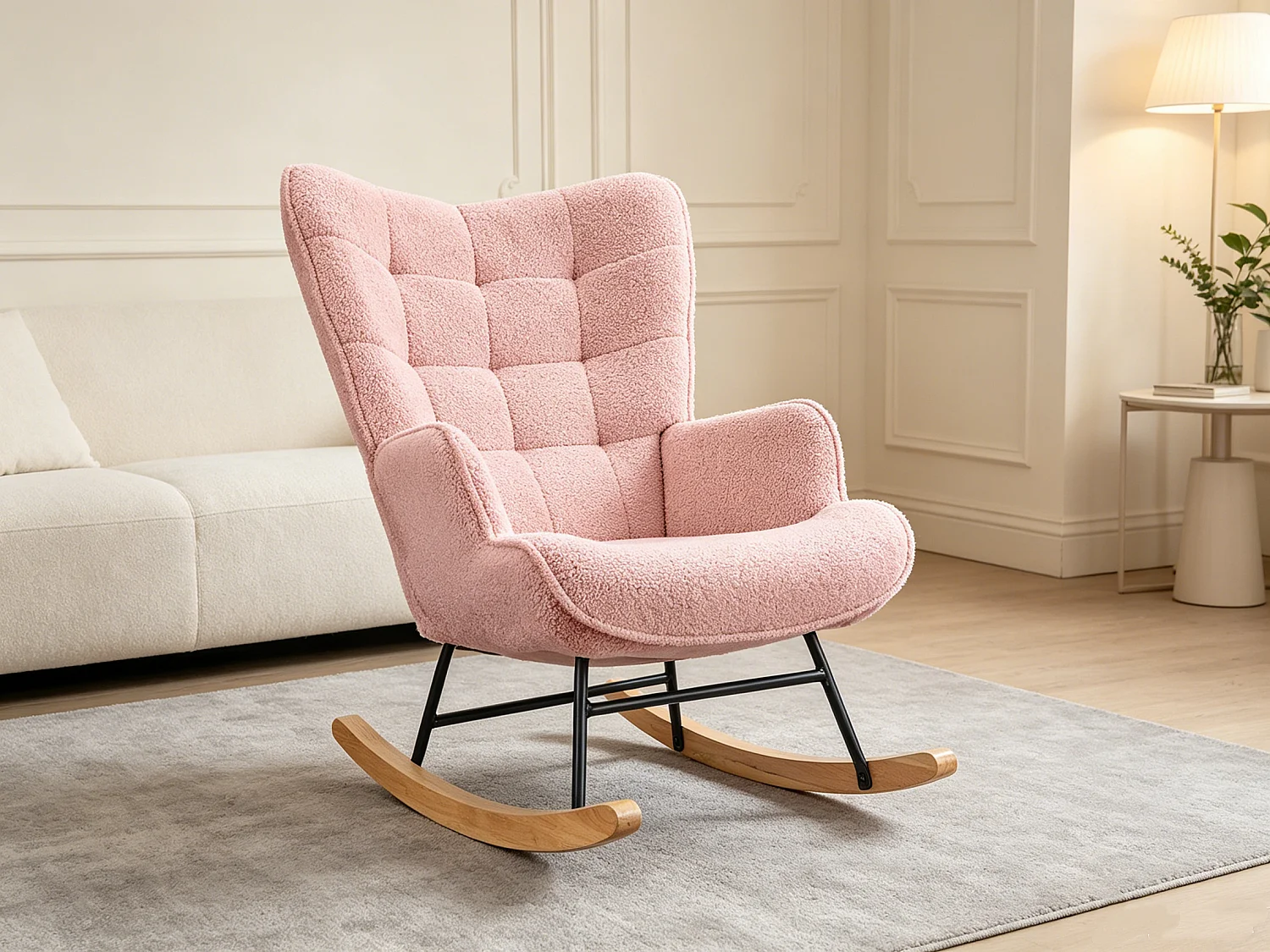 Fauteuil à bascule,rocking chair avec accoudoirs,Pieds en bois massif,Pour le salon, chambre,peluche d'agneau,rose