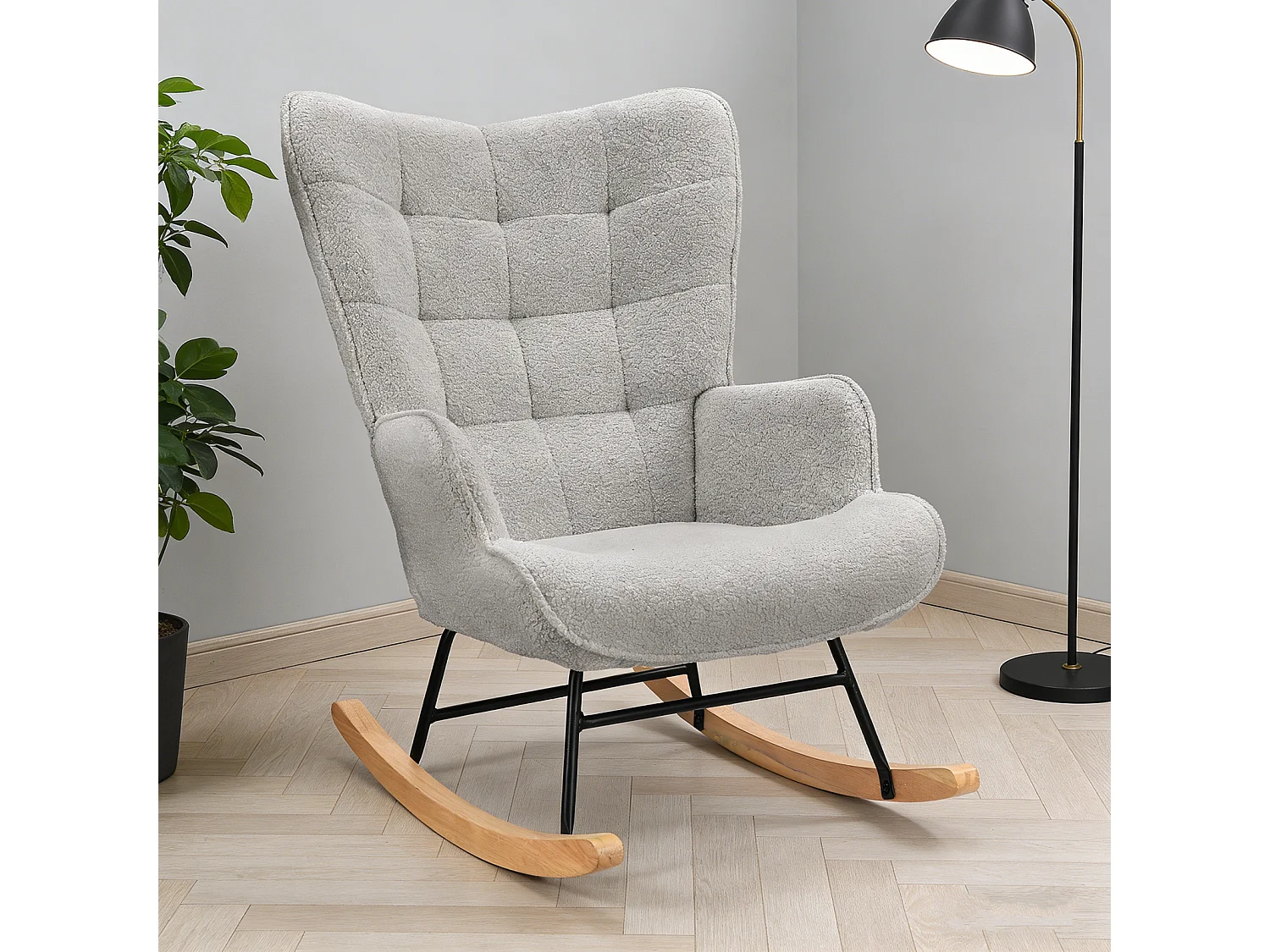 Fauteuil à bascule,rocking chair avec accoudoirs,Pieds en bois massif,Pour le salon, chambre,peluche d'agneau,Gris clair