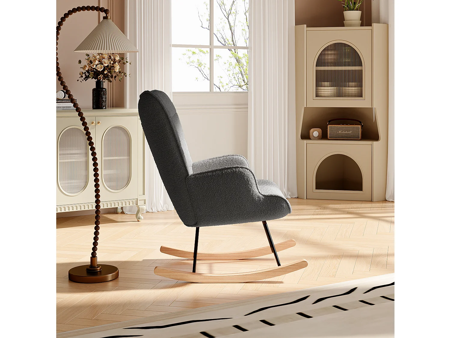 Fauteuil à bascule,rocking chair avec accoudoirs,Pieds en bois massif,Pour le salon, chambre,peluche d'agneau,Gris foncé