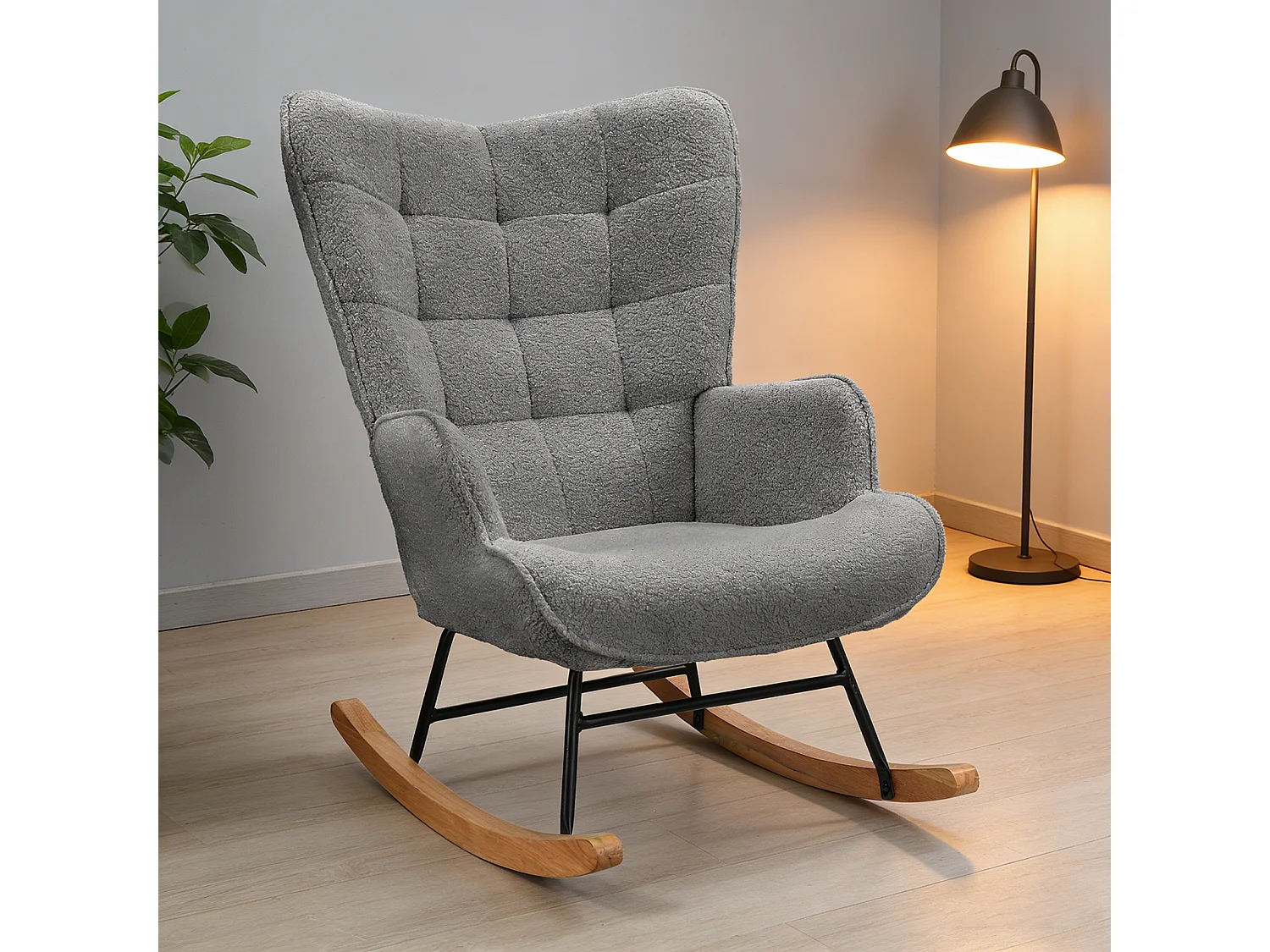 Fauteuil à bascule,rocking chair avec accoudoirs,Pieds en bois massif,Pour le salon, chambre,peluche d'agneau,Gris foncé