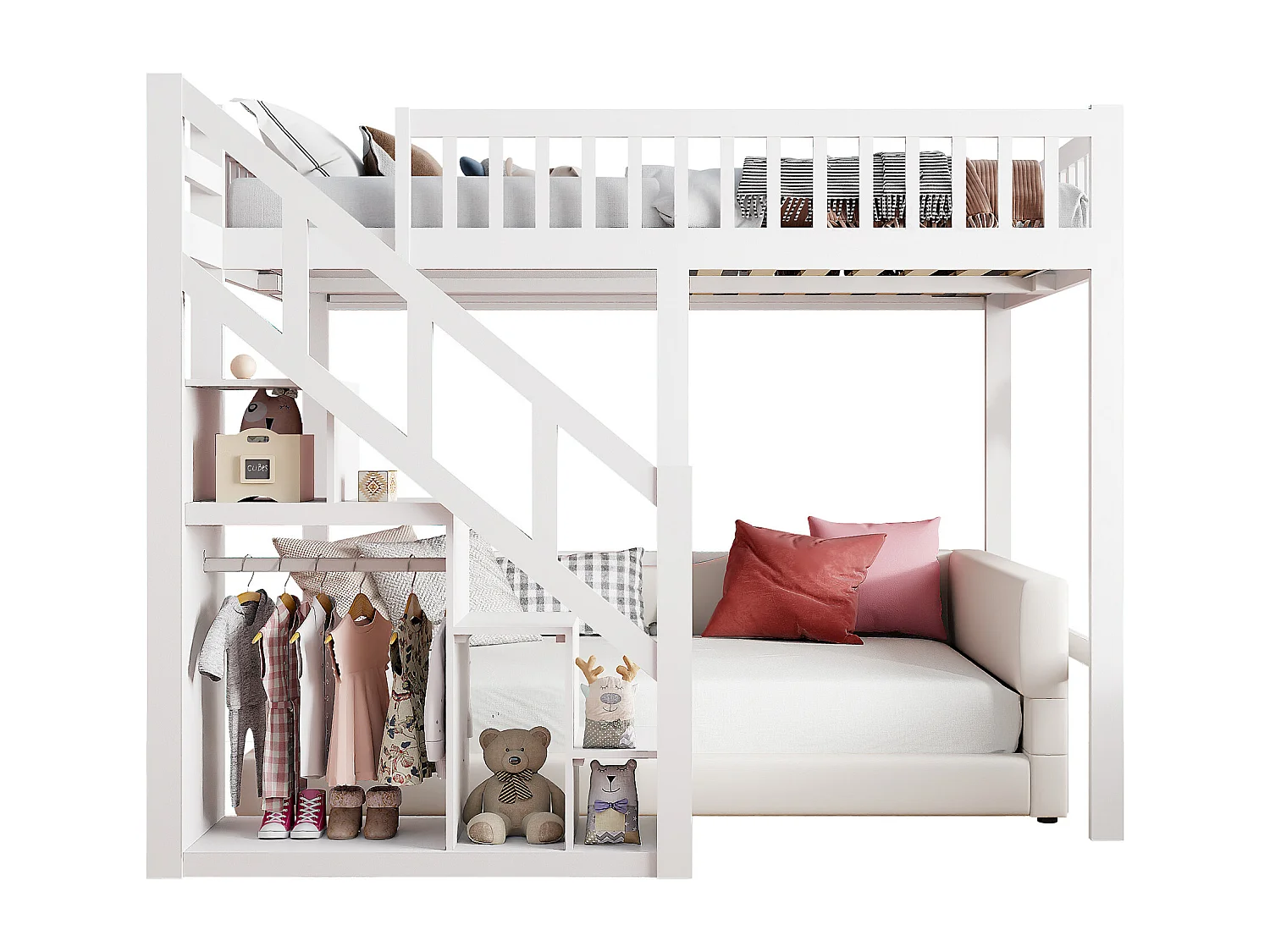 Litera infantil de 140x200cm - con escaleras y espacio de almacenamiento - con protección anticaídas - colchón no incluido