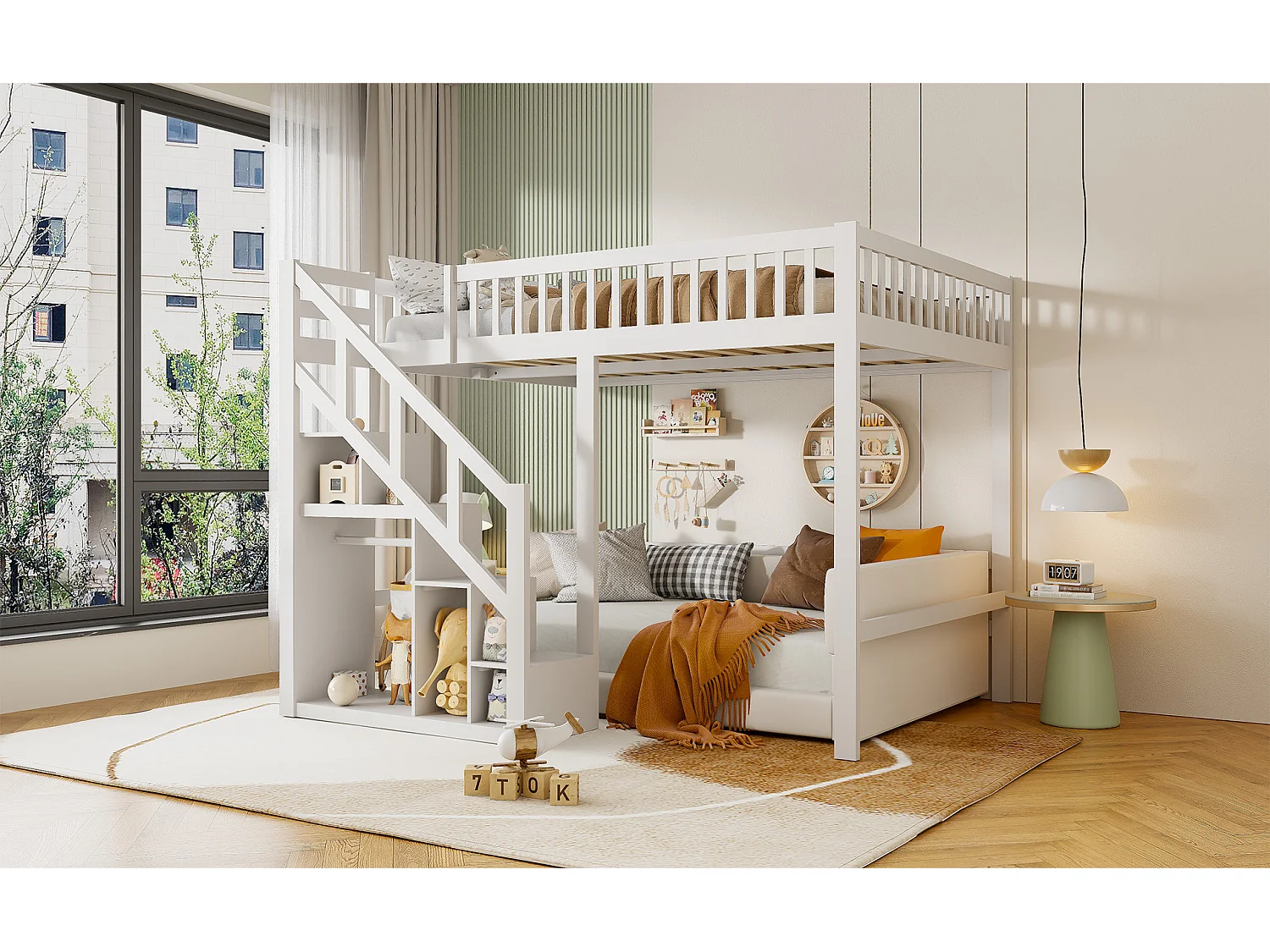 Litera infantil de 140x200cm - con escaleras y espacio de almacenamiento - con protección anticaídas - colchón no incluido