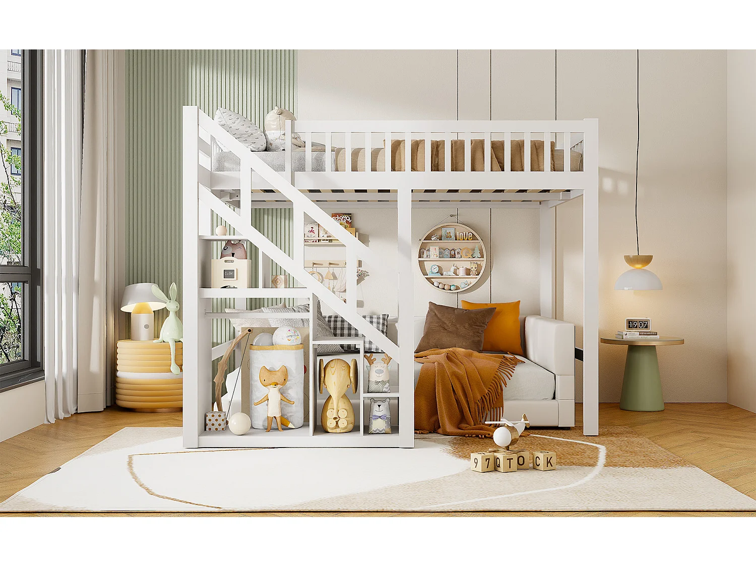 Litera infantil de 140x200cm - con escaleras y espacio de almacenamiento - con protección anticaídas - colchón no incluido