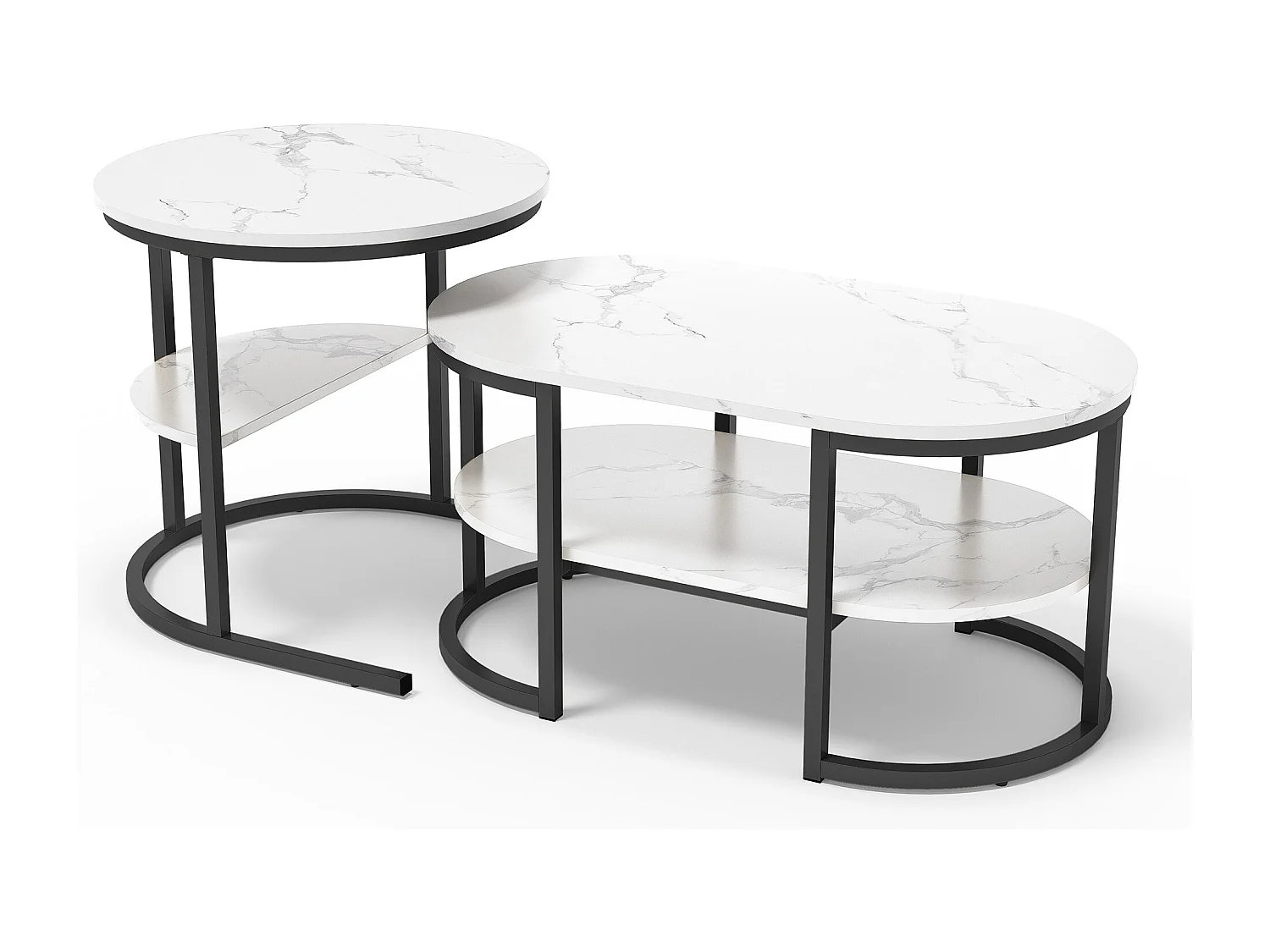 Lot de 2 tables basses - Aspect marbre - Avec cadre en métal et étagère - Table de salon moderne pour salon, chambre à coucher (ovale noir)