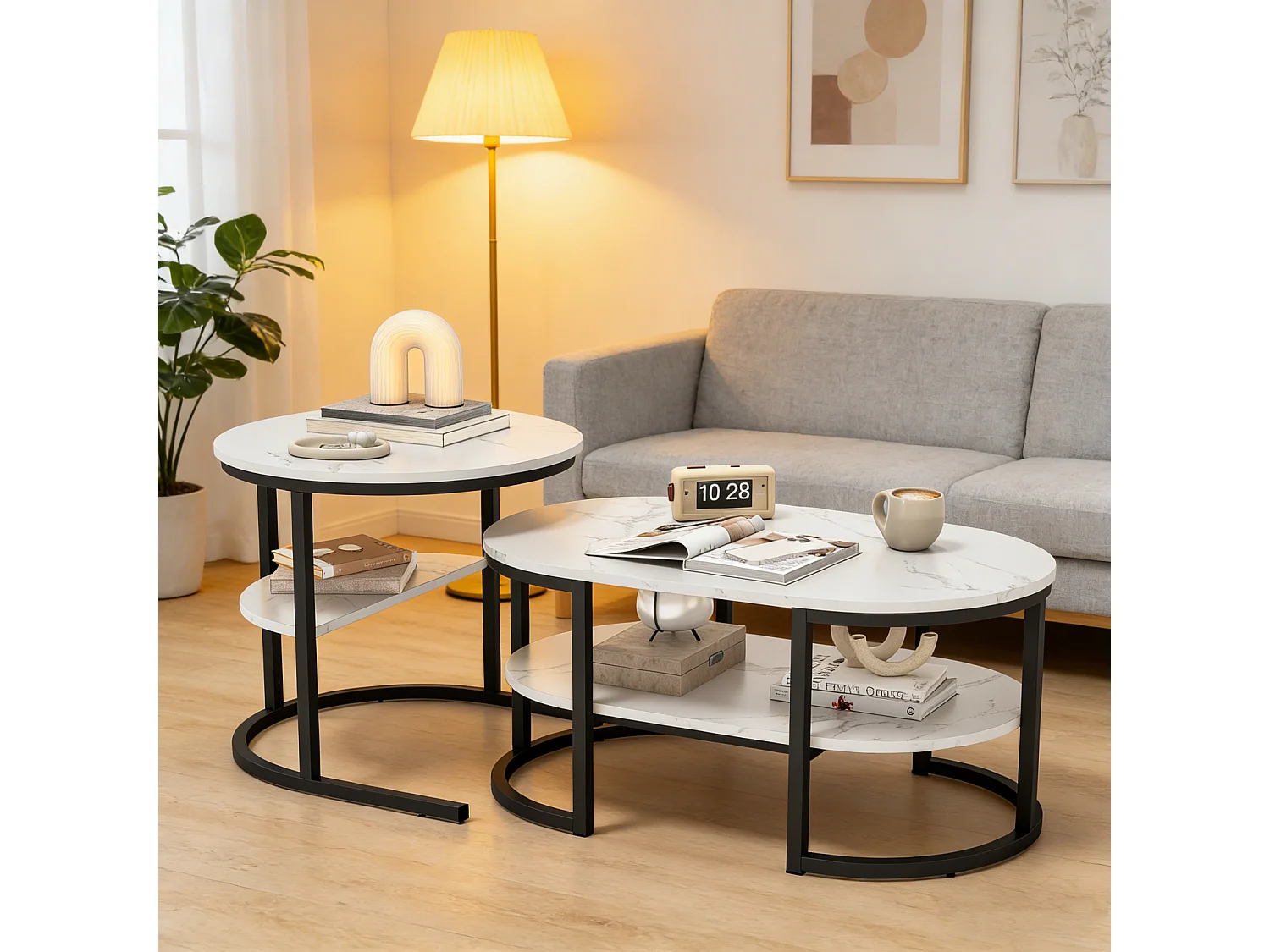Lot de 2 tables basses - Aspect marbre - Avec cadre en métal et étagère - Table de salon moderne pour salon, chambre à coucher (ovale noir)