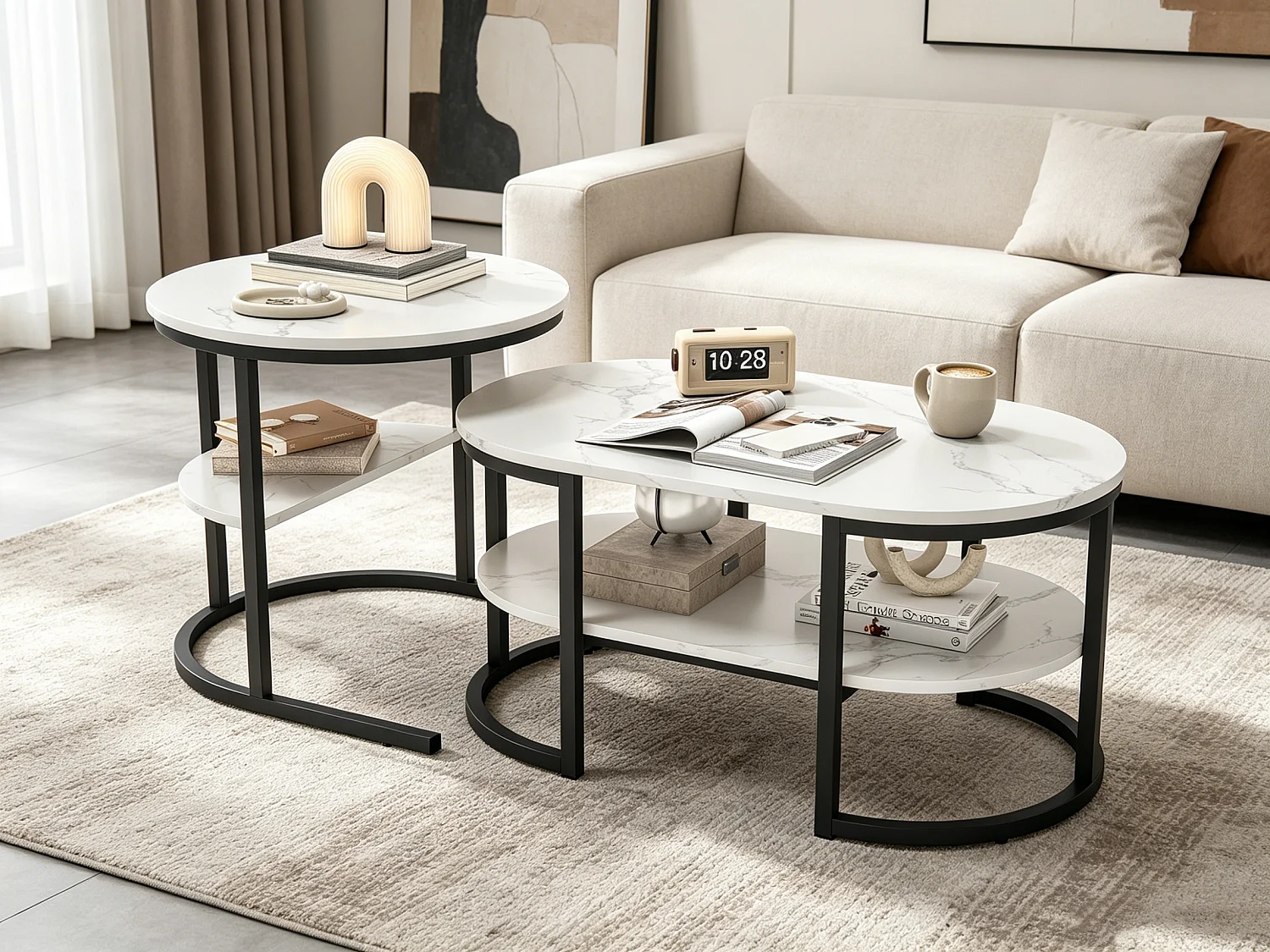 Lot de 2 tables basses - Aspect marbre - Avec cadre en métal et étagère - Table de salon moderne pour salon, chambre à coucher (ovale noir)