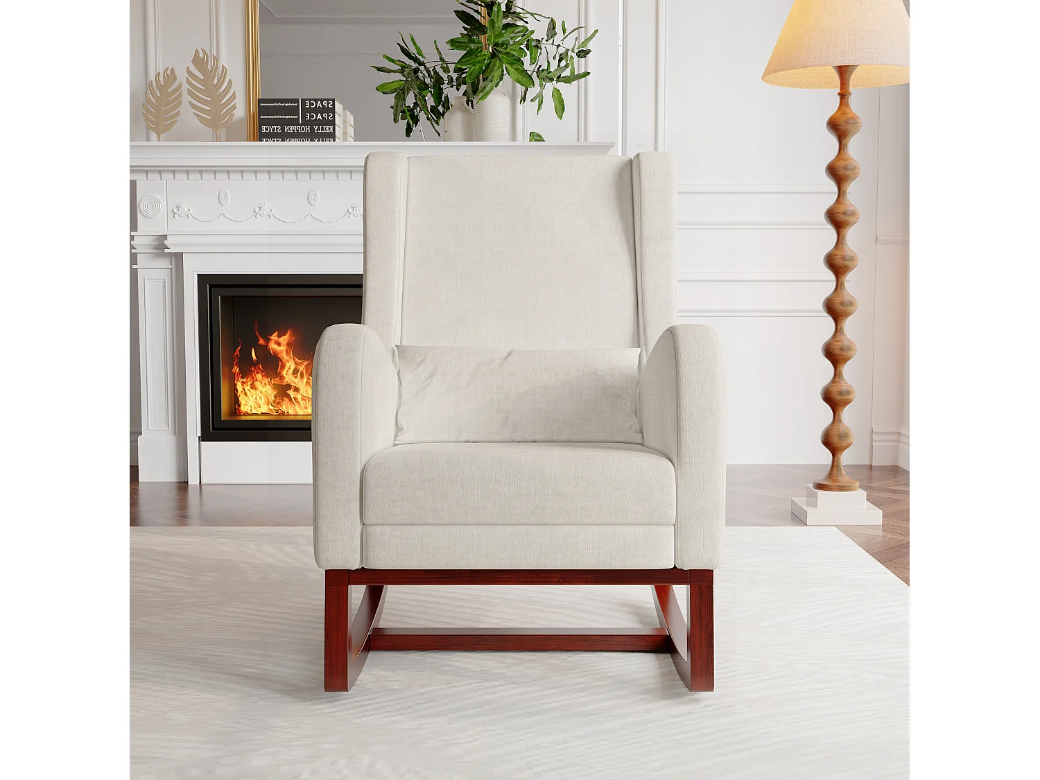 Fauteuil à bascule,Coton et lin - avec accoudoirs à poches - Pieds en bois massif - avec pieds télescopiques - beige