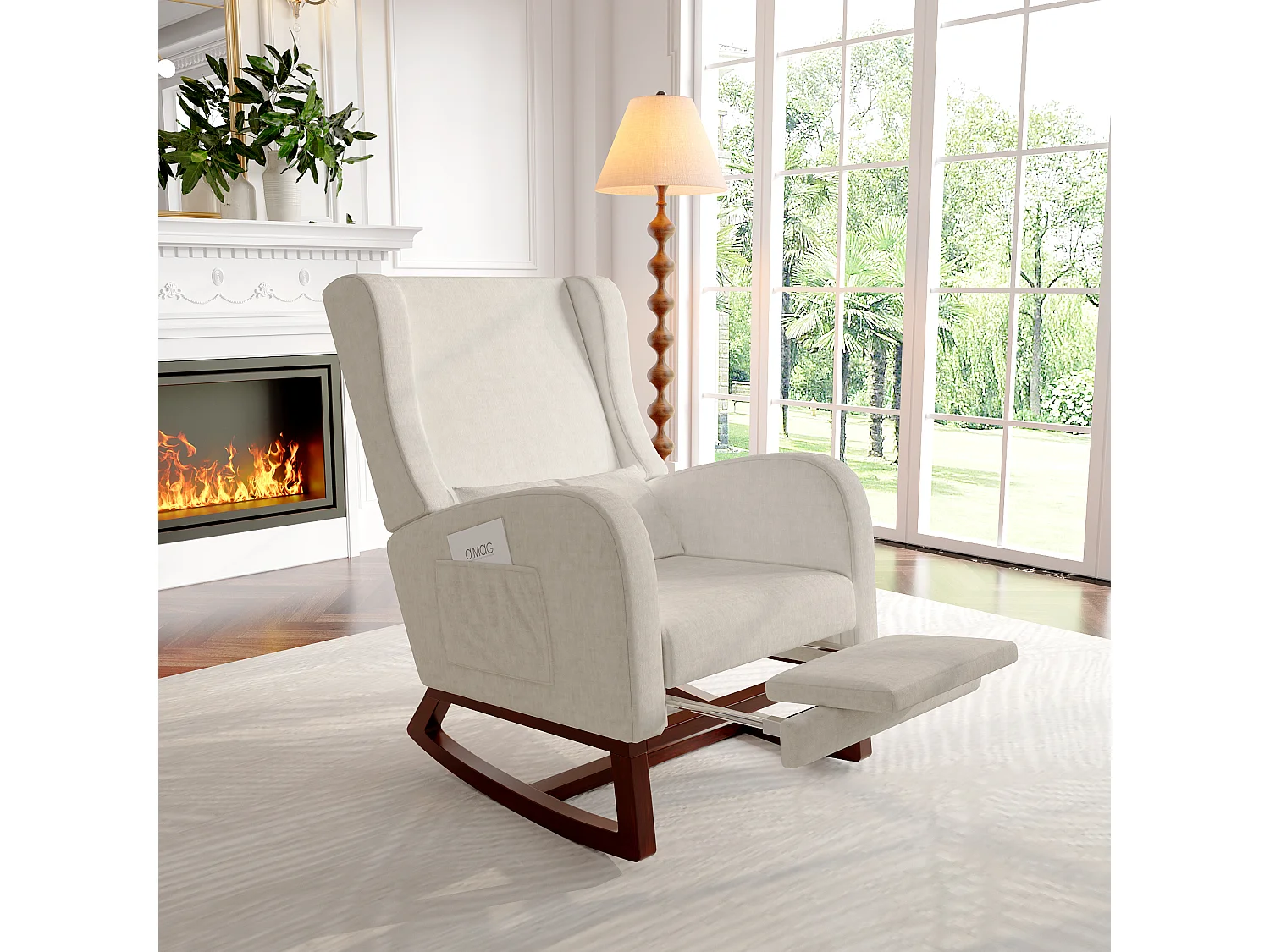 Fauteuil à bascule,Coton et lin - avec accoudoirs à poches - Pieds en bois massif - avec pieds télescopiques - beige