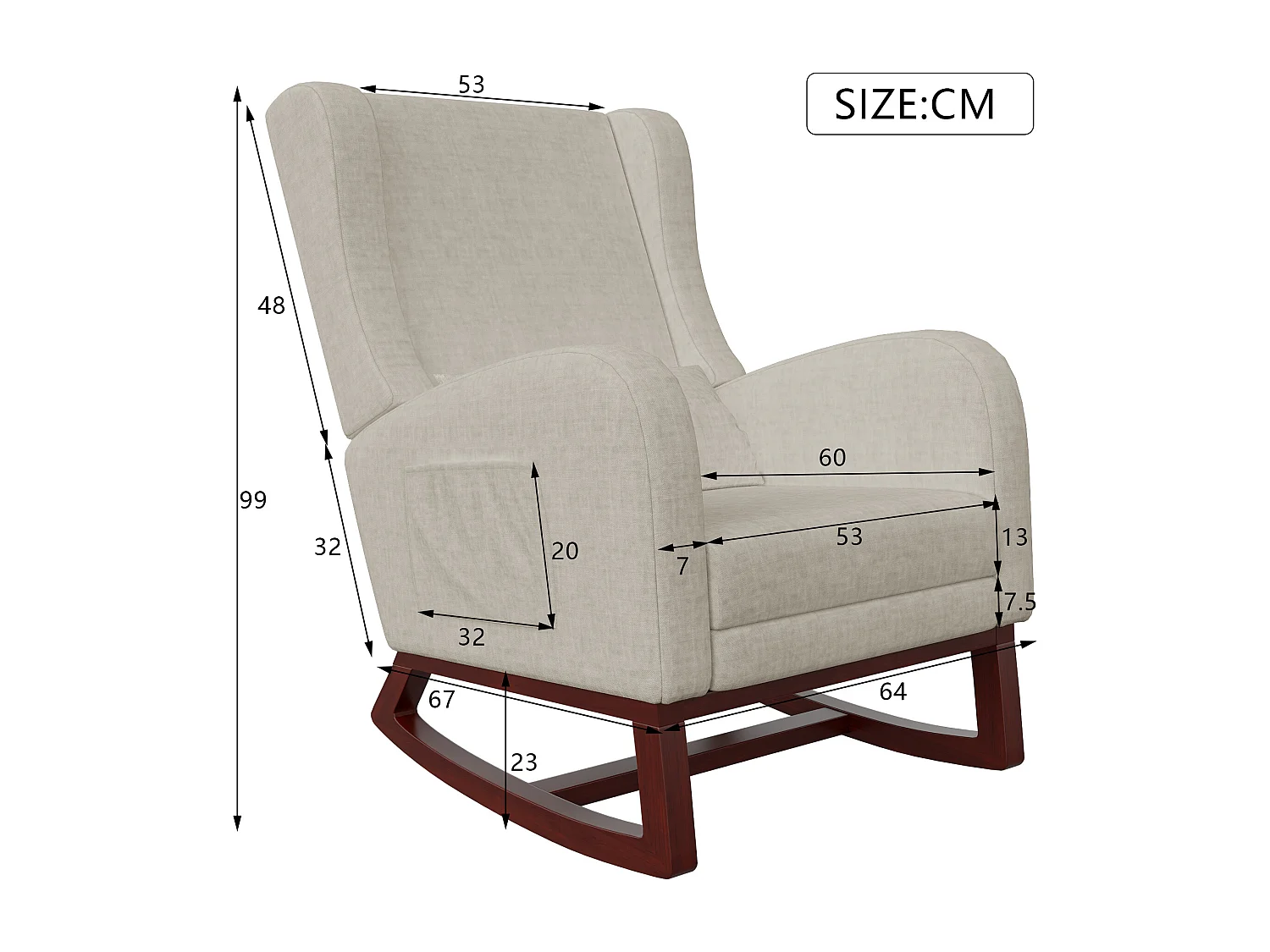 Fauteuil à bascule,Coton et lin - avec accoudoirs à poches - Pieds en bois massif - avec pieds télescopiques - beige