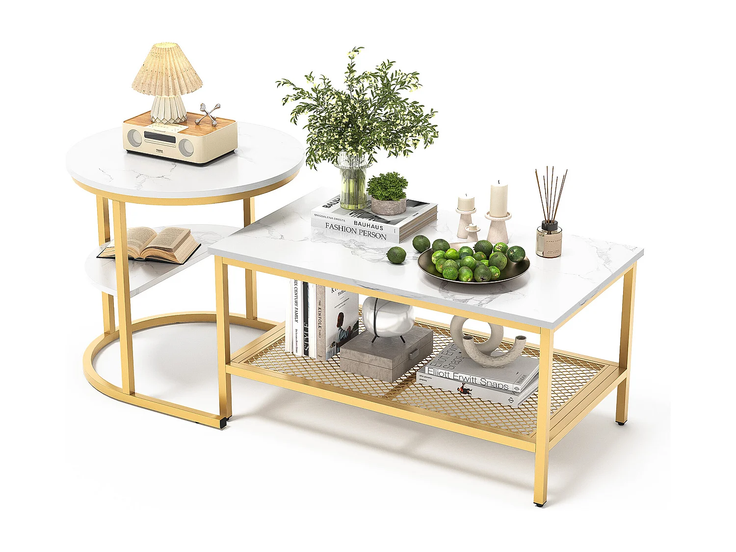 Lot de 2 Tables Basses, Table Gigogne Design Marbre, avec Espace de Rangement, Cadre en Métal, pour Canapé, Salon, Chambre (Doré Rectangle)