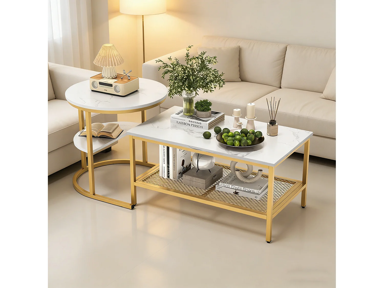 Lot de 2 Tables Basses, Table Gigogne Design Marbre, avec Espace de Rangement, Cadre en Métal, pour Canapé, Salon, Chambre (Doré Rectangle)