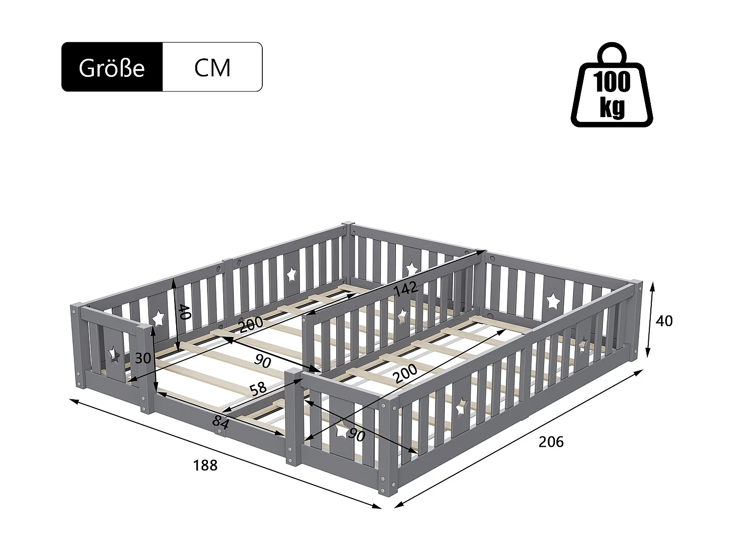 Cama Montessori baja de 180 x 200 cm, cama doble, con protección anticaída y somier de láminas, para 2 niños, madera maciza, gris