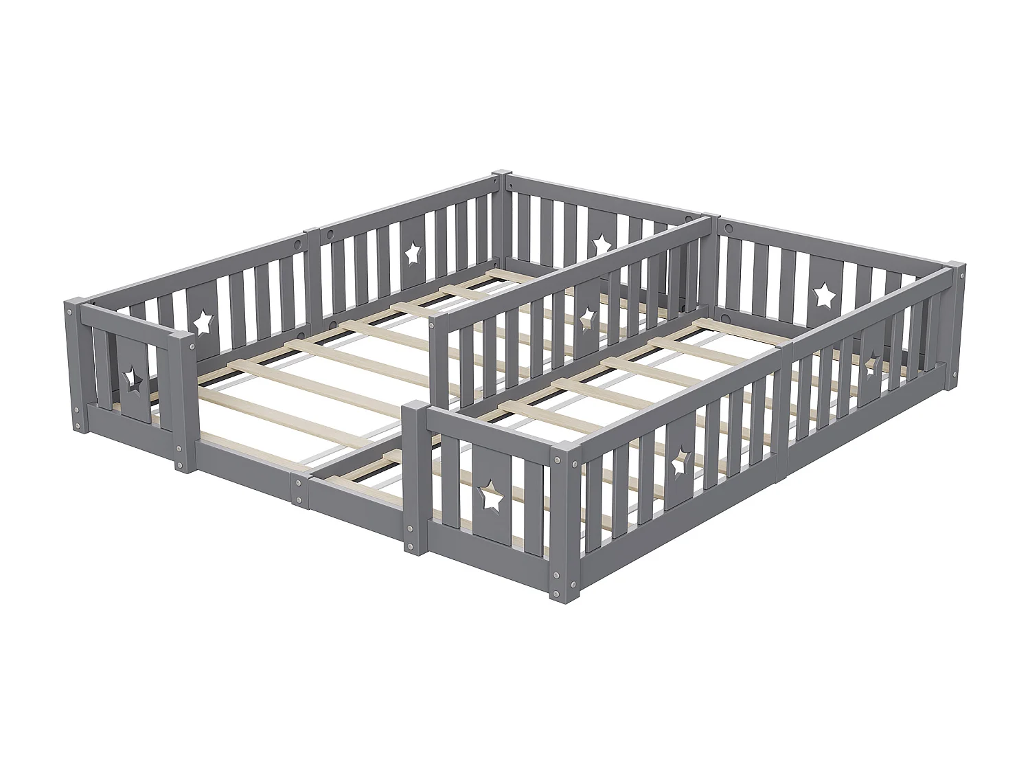 Cama Montessori baja de 180 x 200 cm, cama doble, con protección anticaída y somier de láminas, para 2 niños, madera maciza, gris