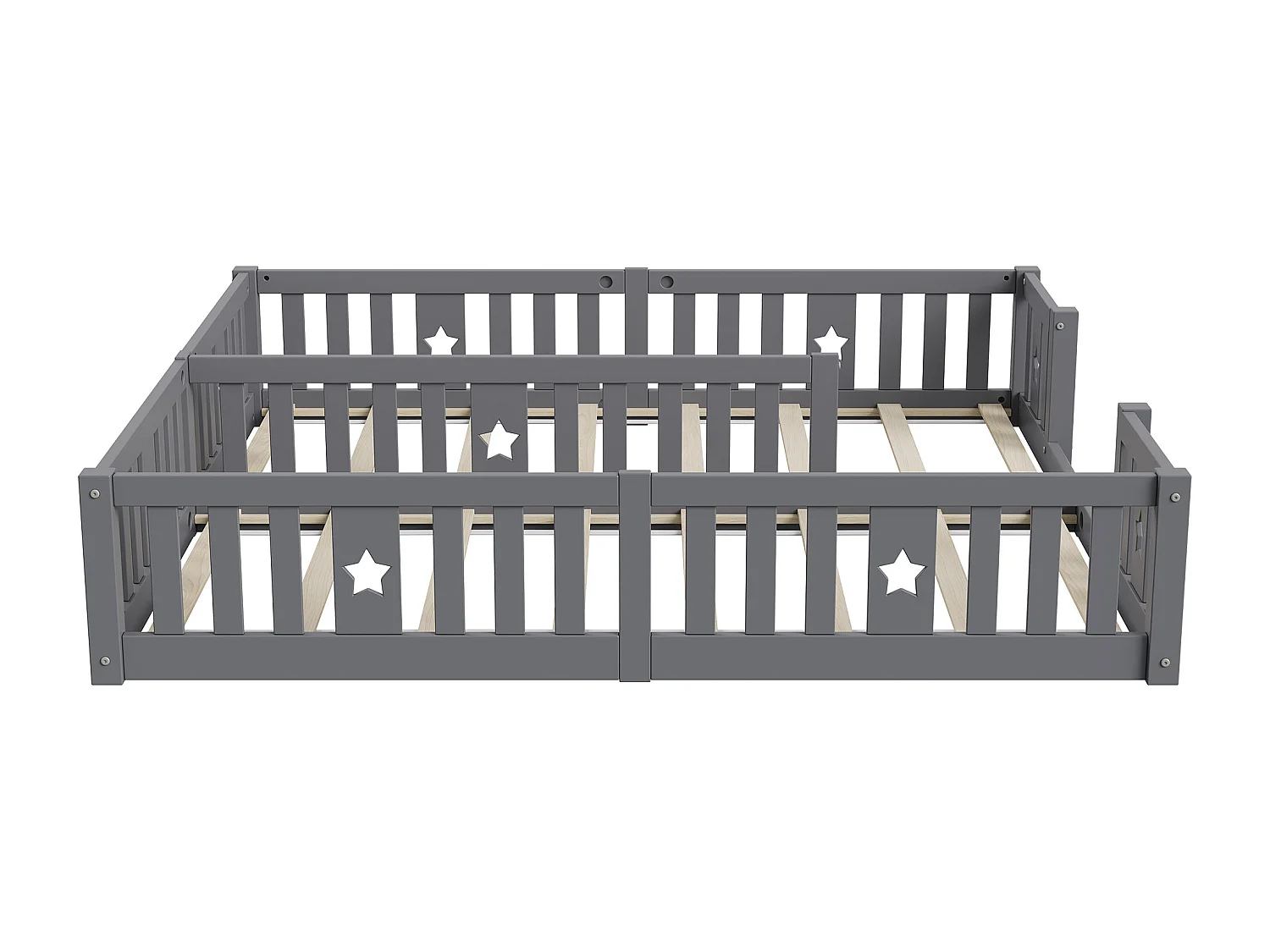 Cama Montessori baja de 180 x 200 cm, cama doble, con protección anticaída y somier de láminas, para 2 niños, madera maciza, gris