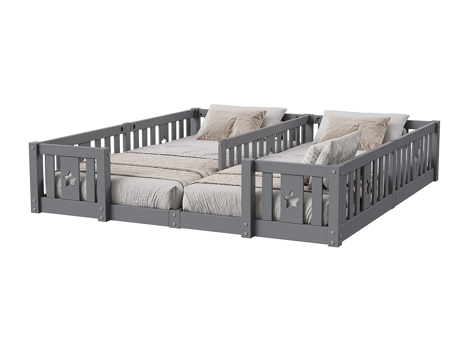 Cama Montessori baja de 180 x 200 cm, cama doble, con protección anticaída y somier de láminas, para 2 niños, madera maciza, gris