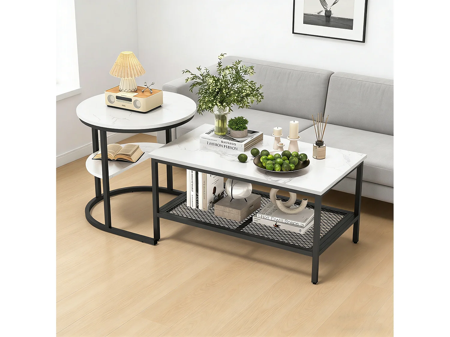 Set van 2 in elkaar passende salontafels, marmerlook, met opbergruimte, metalen frame, voor bij de bank, woonkamer of slaapkamer (zwart rechthoekig)