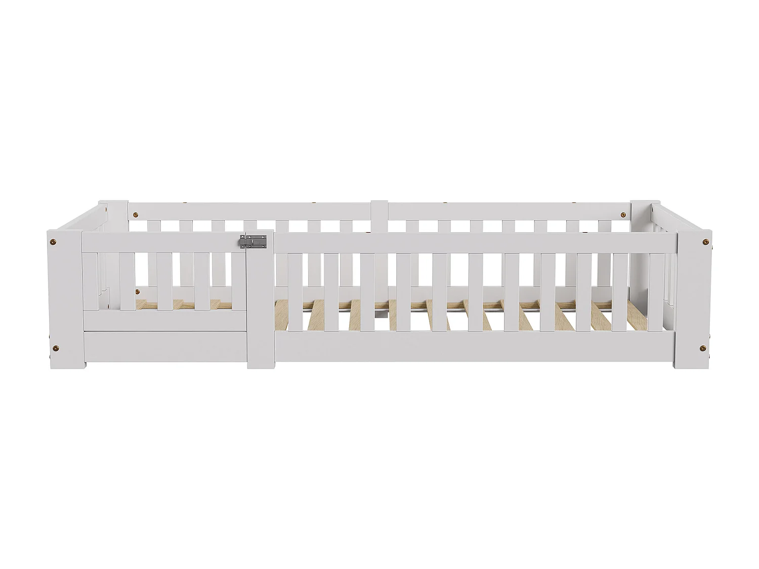 Lit Enfant 90x190 cm, Lit au Sol Montessori avec Barrière de Sécurité et Sommier à Lattes – Bois Massif de Pin – Idéal pour Chambre Garçon et Fille – Blanc