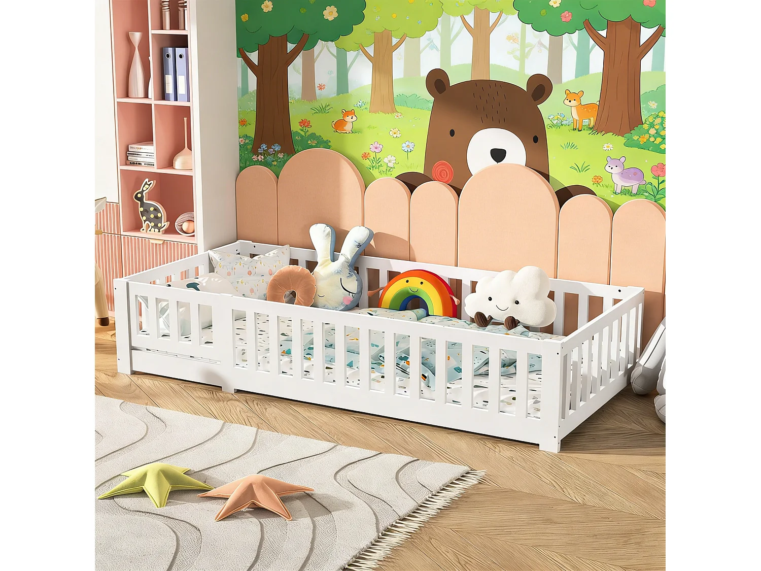 Lit Enfant 90x190 cm, Lit au Sol Montessori avec Barrière de Sécurité et Sommier à Lattes – Bois Massif de Pin – Idéal pour Chambre Garçon et Fille – Blanc