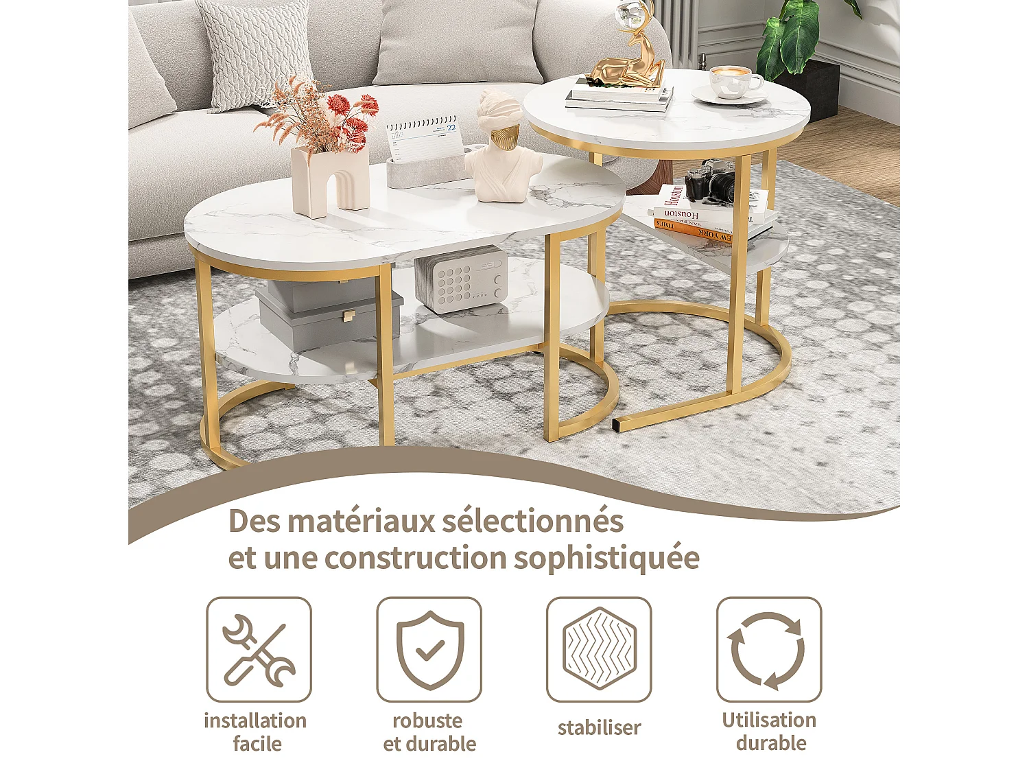 Lot de 2 tables basses - Aspect marbre - Avec cadre en métal et étagère - Table de salon moderne pour salon, chambre à coucher (ovale doré)
