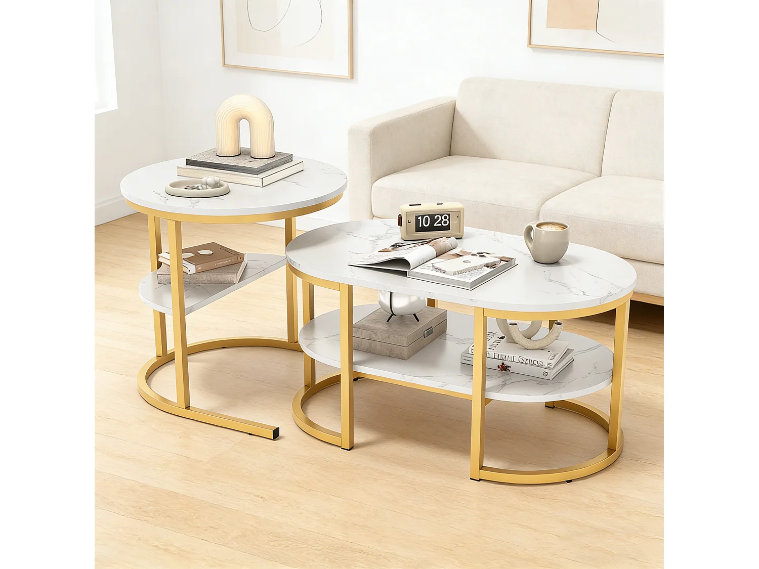 Lot de 2 tables basses - Aspect marbre - Avec cadre en métal et étagère - Table de salon moderne pour salon, chambre à coucher (ovale doré)