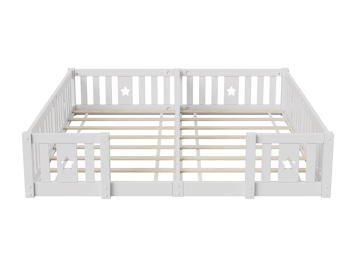 Cama Montessori de suelo de 180 x 200 cm, cama doble, con protección anticaída y somier de láminas, para 2 niños, fabricada en madera maciza, blanco