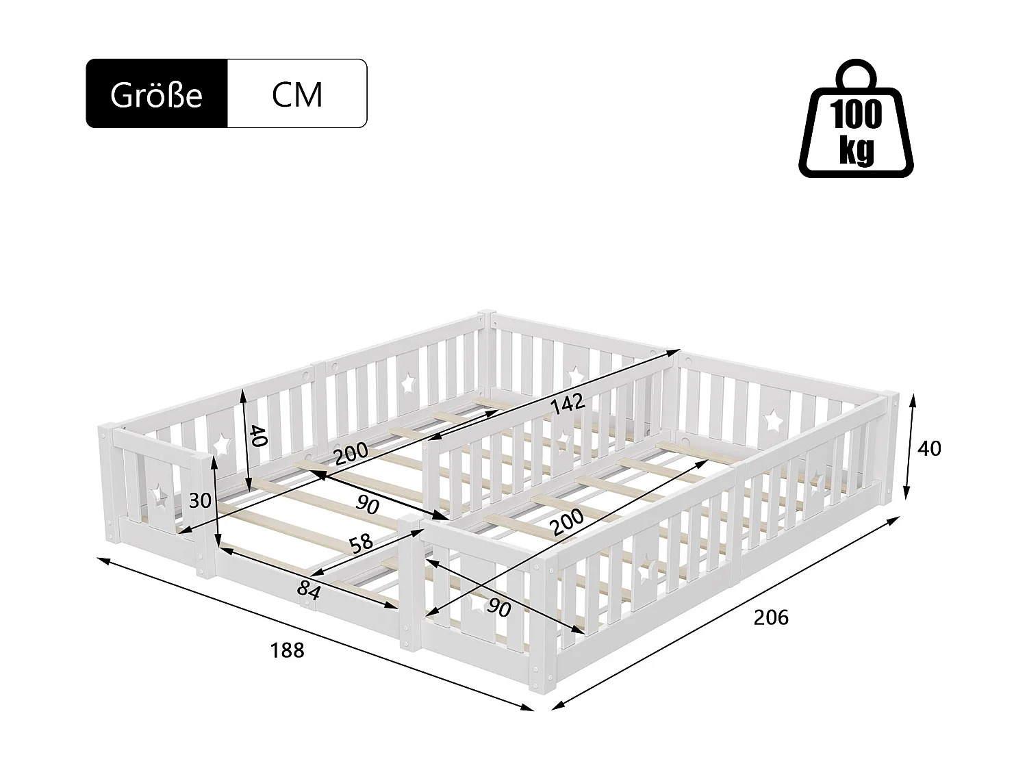 Cama Montessori de suelo de 180 x 200 cm, cama doble, con protección anticaída y somier de láminas, para 2 niños, fabricada en madera maciza, blanco