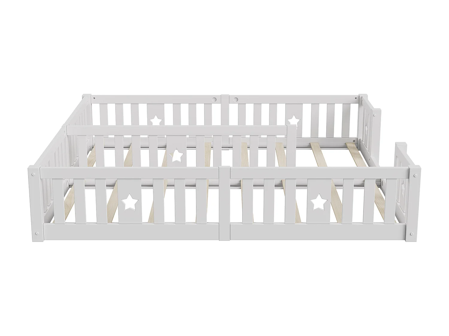 Cama Montessori de suelo de 180 x 200 cm, cama doble, con protección anticaída y somier de láminas, para 2 niños, fabricada en madera maciza, blanco