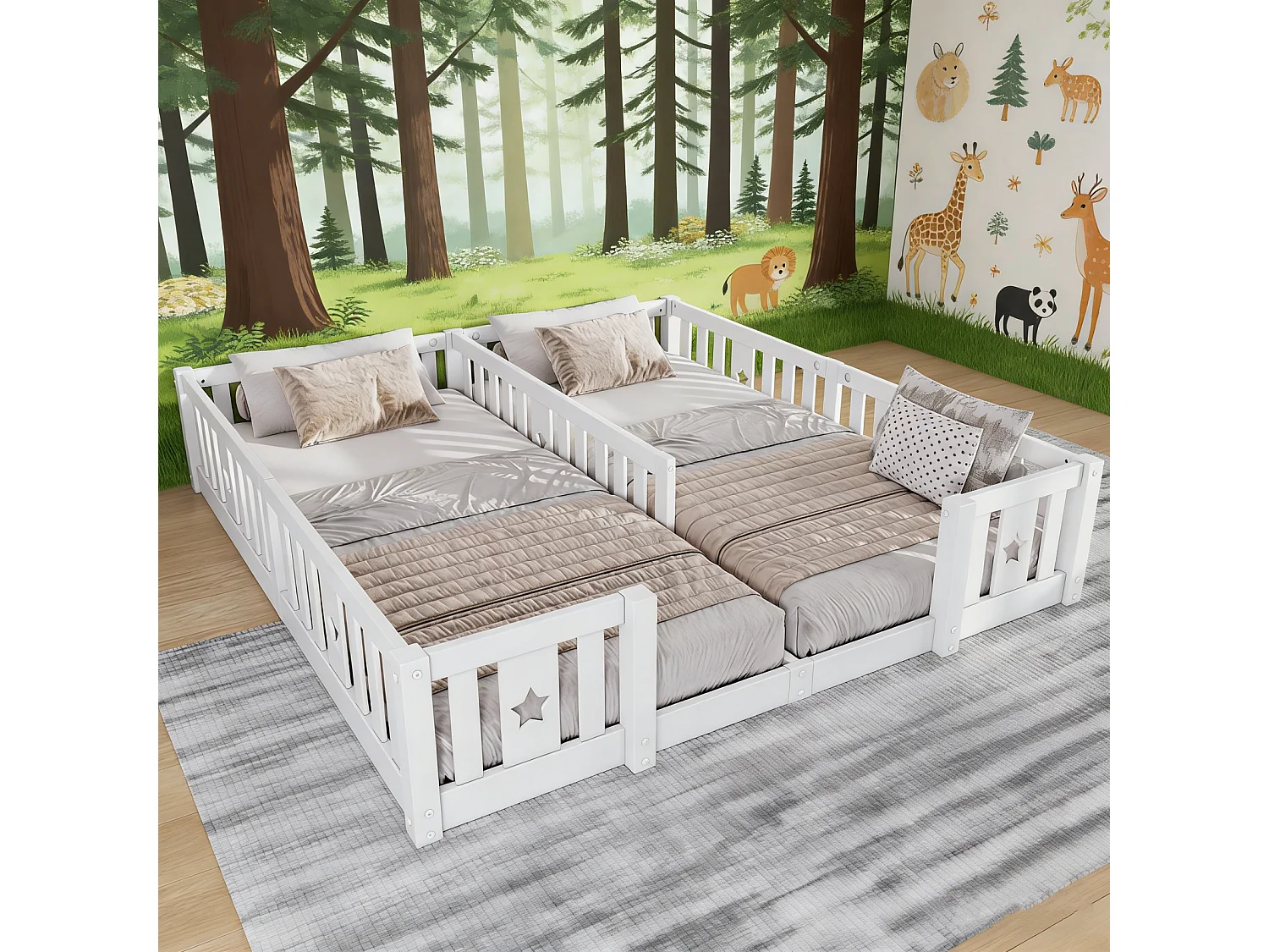 Cama Montessori de suelo de 180 x 200 cm, cama doble, con protección anticaída y somier de láminas, para 2 niños, fabricada en madera maciza, blanco