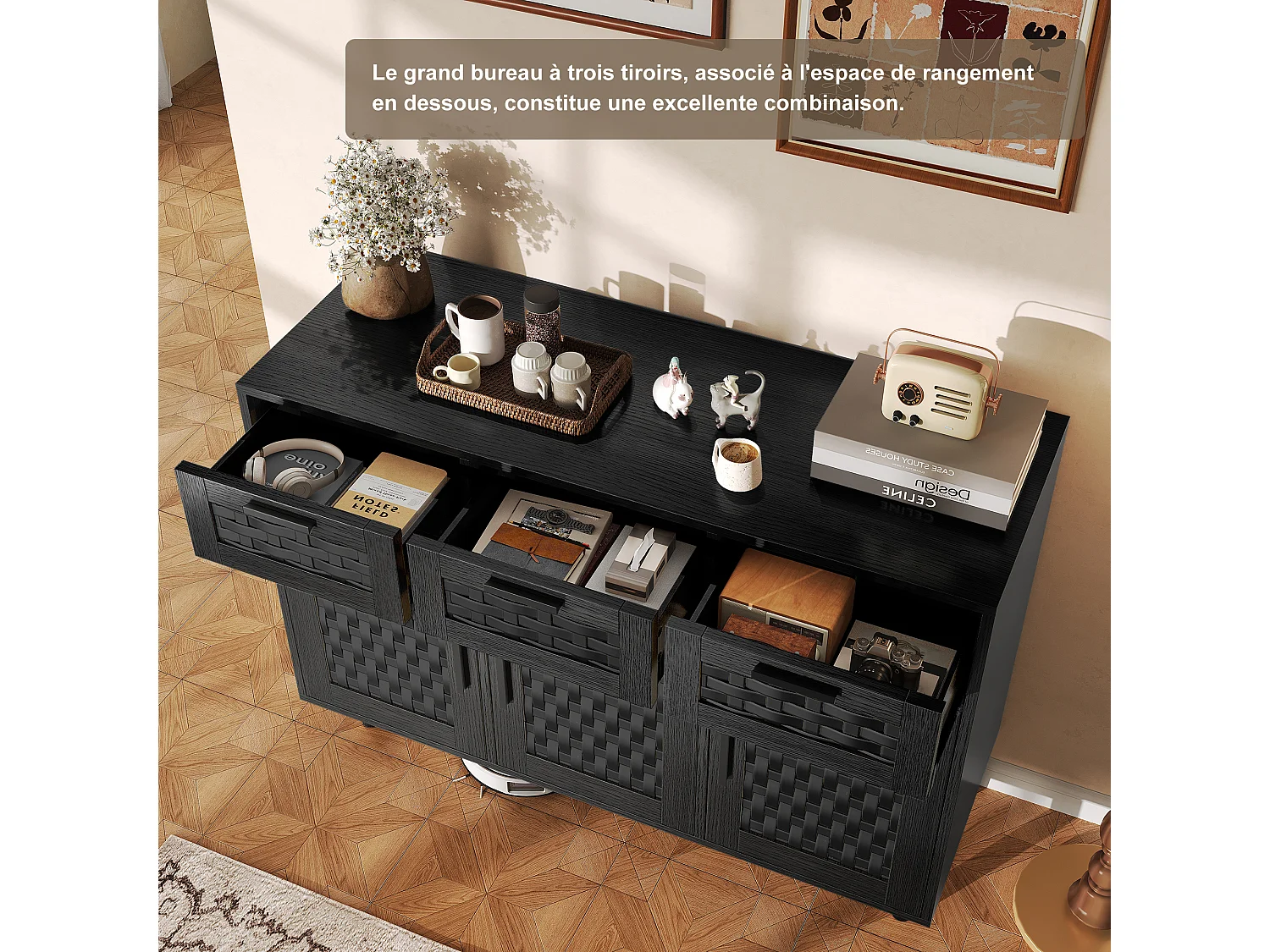 Dressoir met 3 lades en 3 deuren – hout – 107,9 x 40 x 80 cm – Geschikt voor keuken en woonkamer – zwart