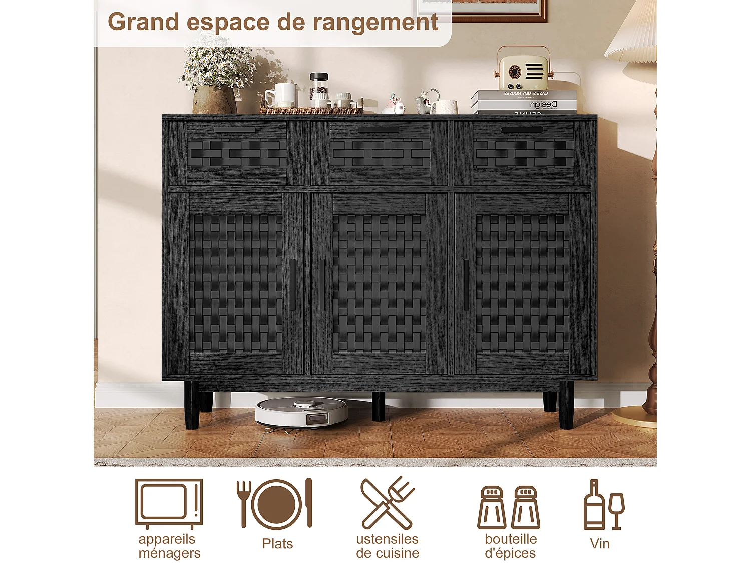 Dressoir met 3 lades en 3 deuren – hout – 107,9 x 40 x 80 cm – Geschikt voor keuken en woonkamer – zwart
