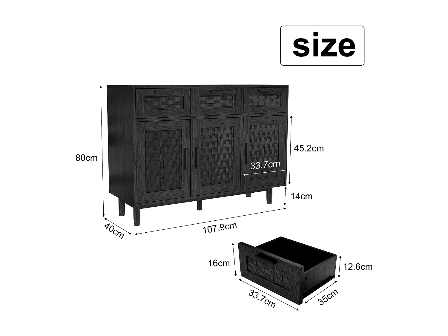 Dressoir met 3 lades en 3 deuren – hout – 107,9 x 40 x 80 cm – Geschikt voor keuken en woonkamer – zwart