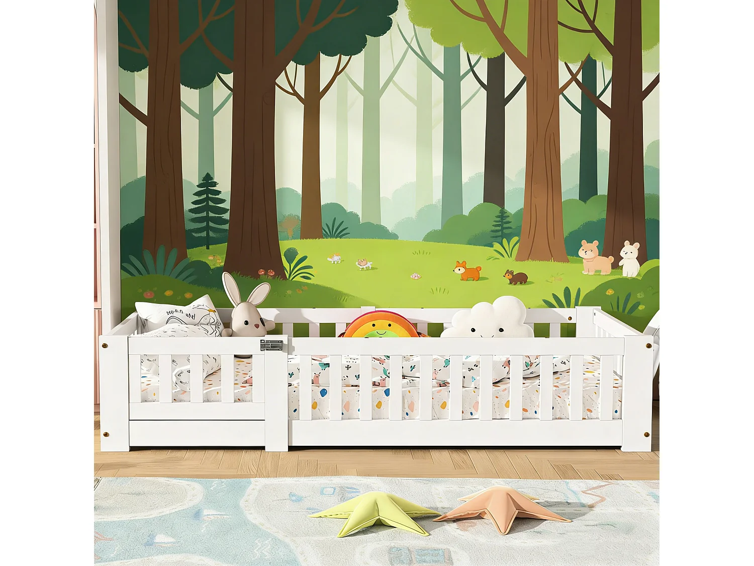 Lit au Sol Enfant 80x160, Lit Montessori au Sol en Bois Massif avec Barrière de Sécurité et Sommier à Lattes, blanc