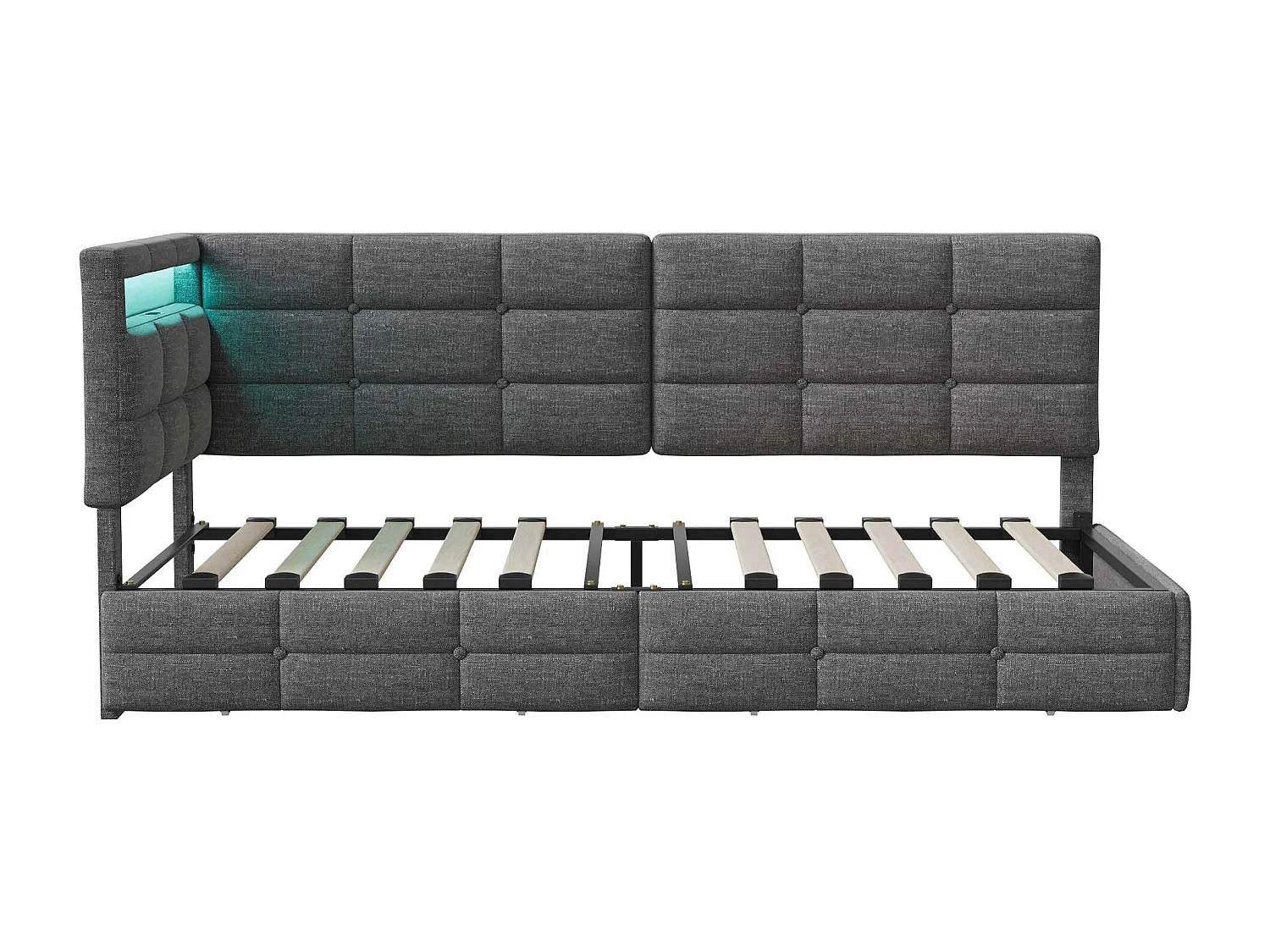 Cama individual de 90 x 200 cm con iluminación LED y puertos USB - 2 cajones - ropa de cama - gris