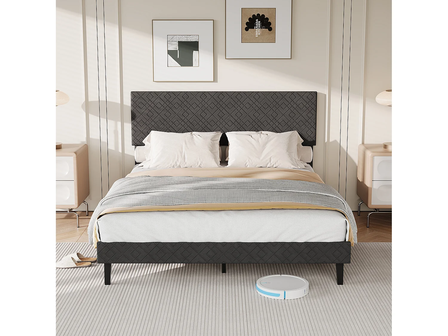 Lit double 160 x 200 cm avec sommier à lattes - tête de lit réglable en hauteur - robuste et durable - lin - gris