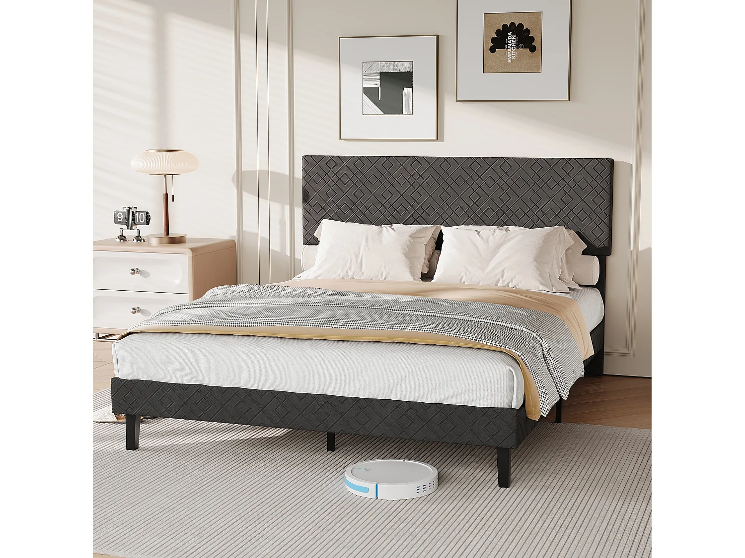 Lit double 160 x 200 cm avec sommier à lattes - tête de lit réglable en hauteur - robuste et durable - lin - gris