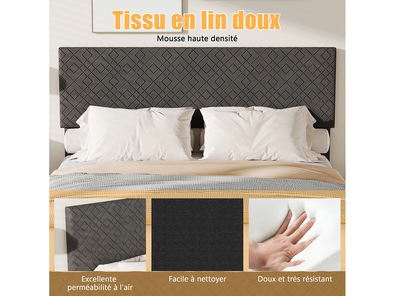 Lit double 160 x 200 cm avec sommier à lattes - tête de lit réglable en hauteur - robuste et durable - lin - gris