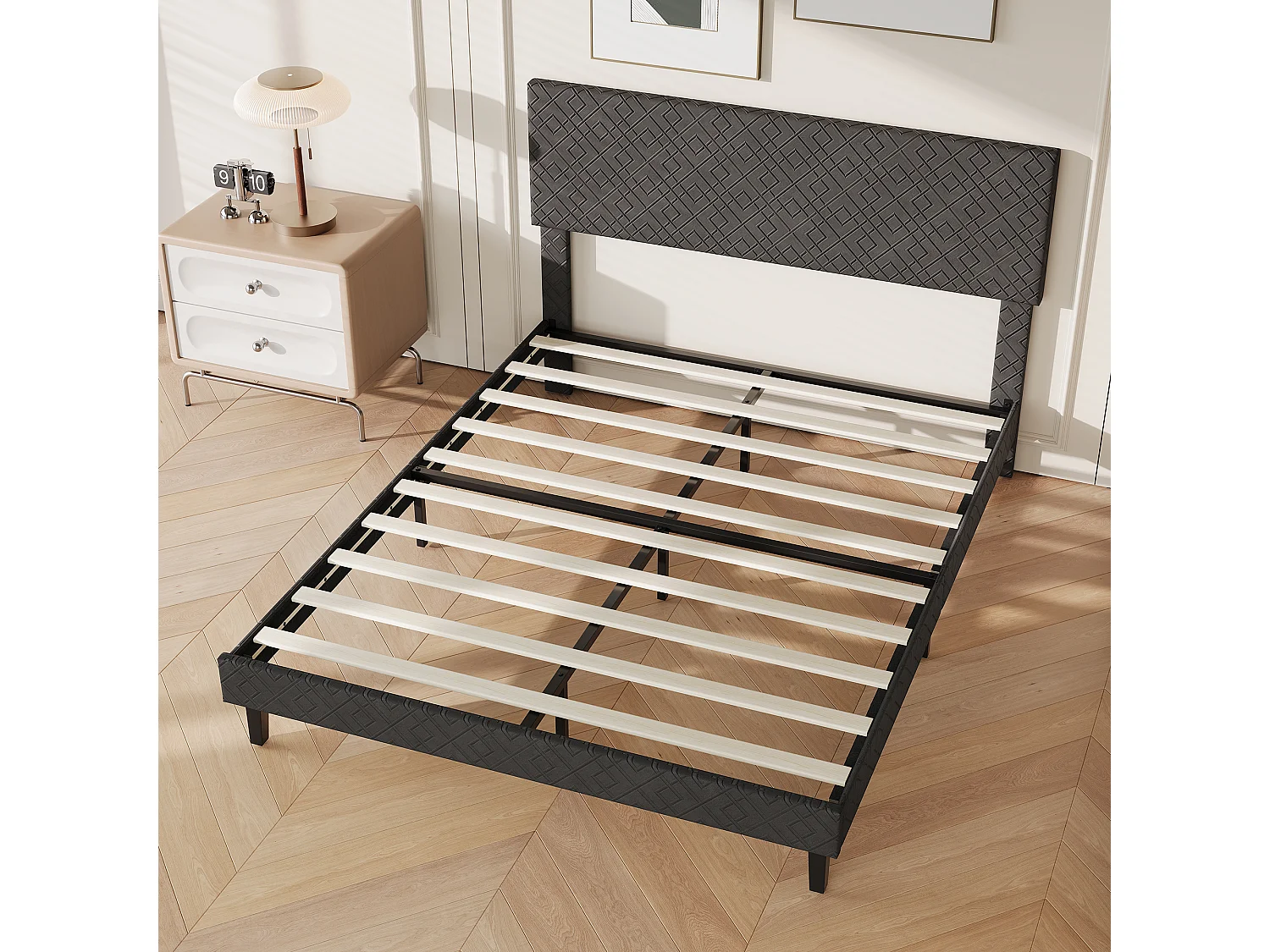 Lit double 160 x 200 cm avec sommier à lattes - tête de lit réglable en hauteur - robuste et durable - lin - gris