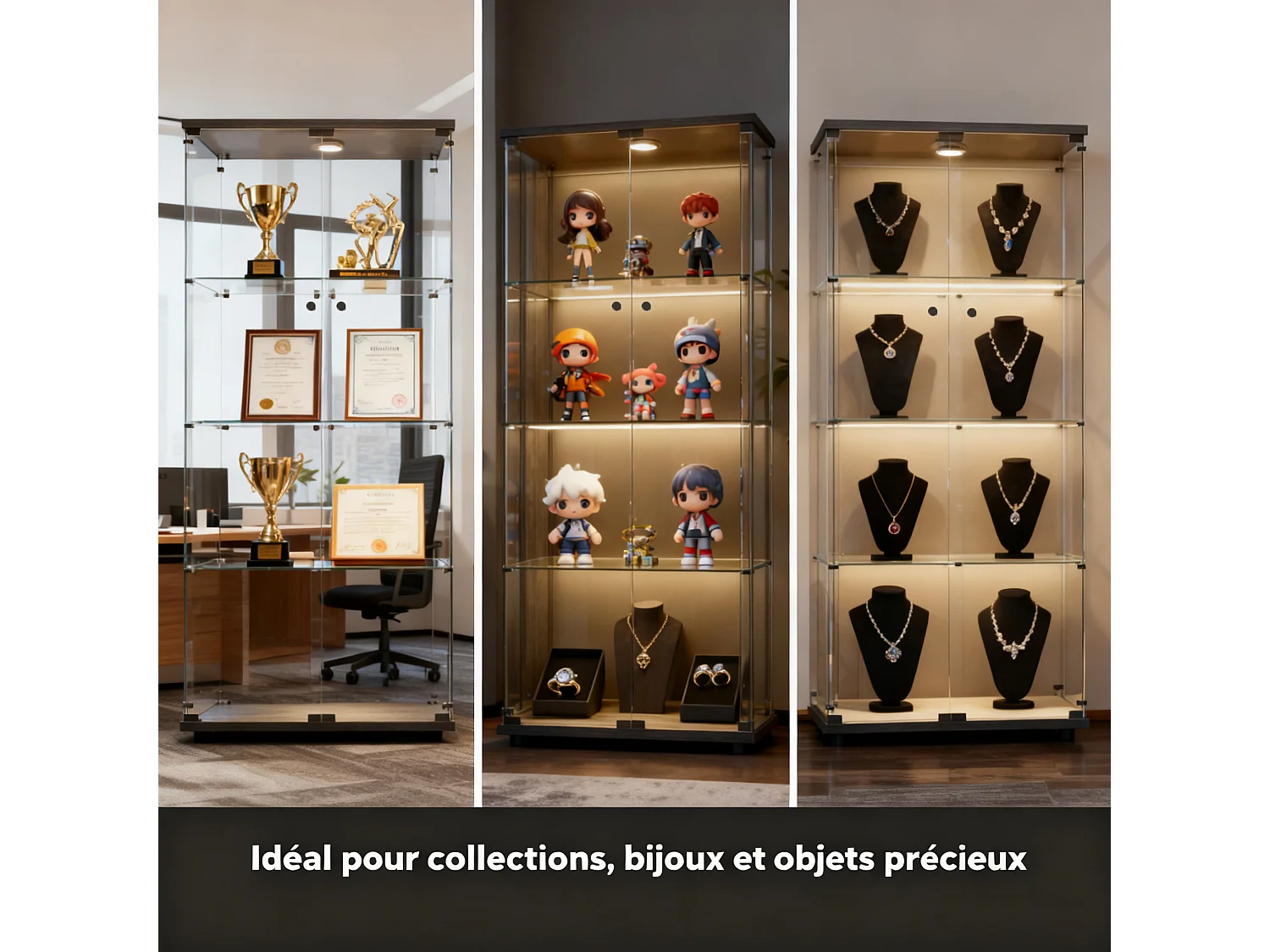 Vitrine en Verre avec LED,Armoire vitrine pour Collection avec 2 Porte 4 étagères Transparent Meuble Vitrine Verre vitrines Figurine Armoire Salon Bar,Noir