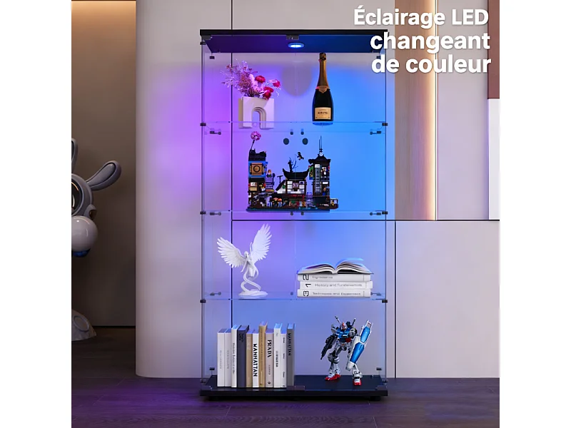 Vitrine en Verre avec LED,Armoire vitrine pour Collection avec 2 Porte 4 étagères Transparent Meuble Vitrine Verre vitrines Figurine Armoire Salon Bar,Noir