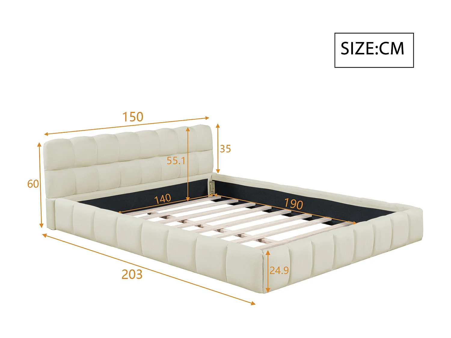 Lit 140x190 cm avec Sommier à Lattes, Lits 2 Personnes Capitonne avec Tête de Lits, sans Matelas, Lin